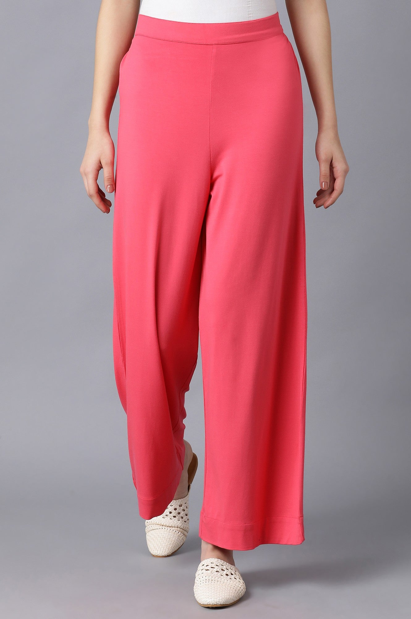 Pink Solid Straight Fit Cotton Palazzo With Elasticated Waist