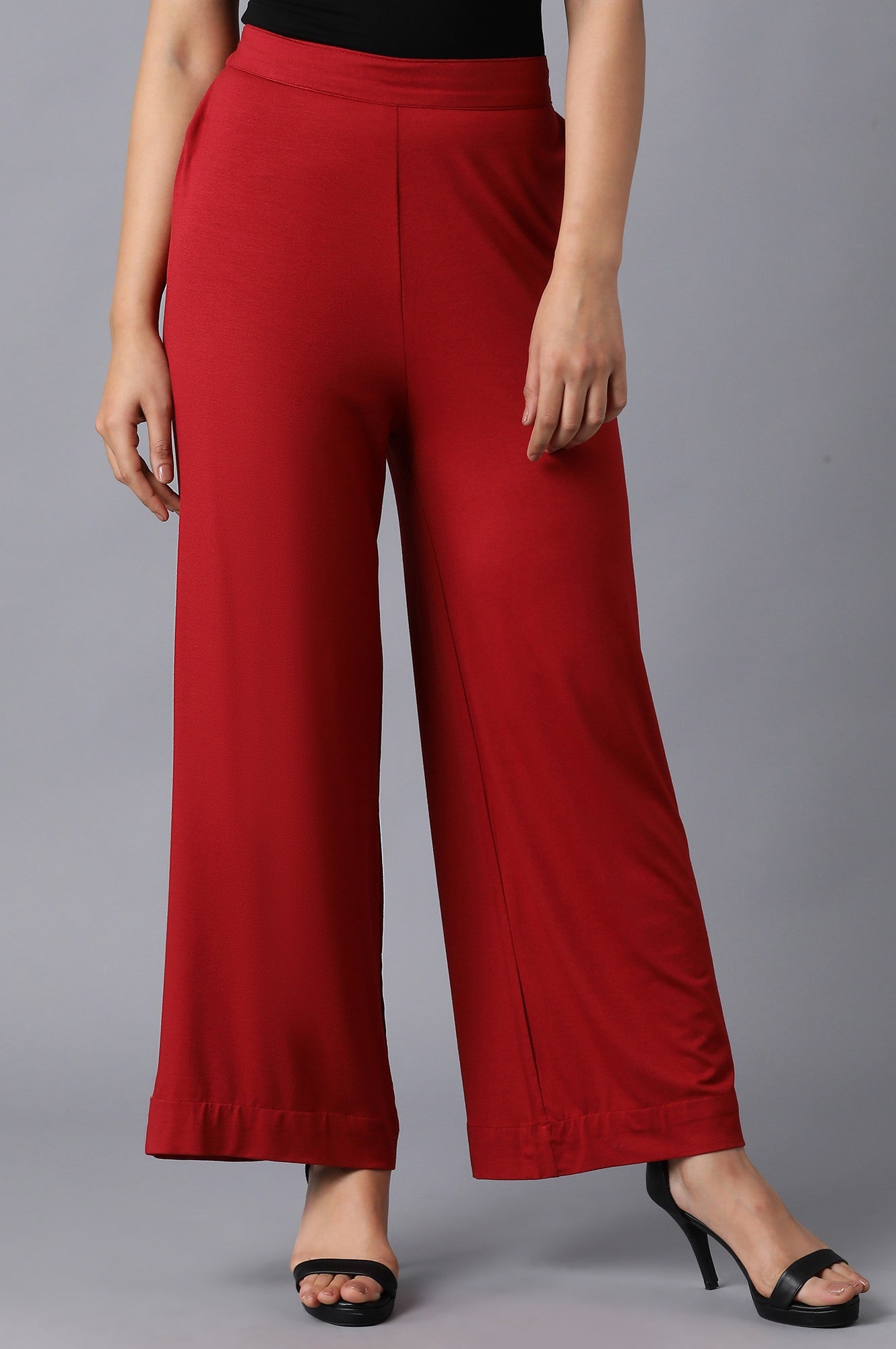 Red Solid Straight Fit Cotton Palazzo With Elasticated Waistband