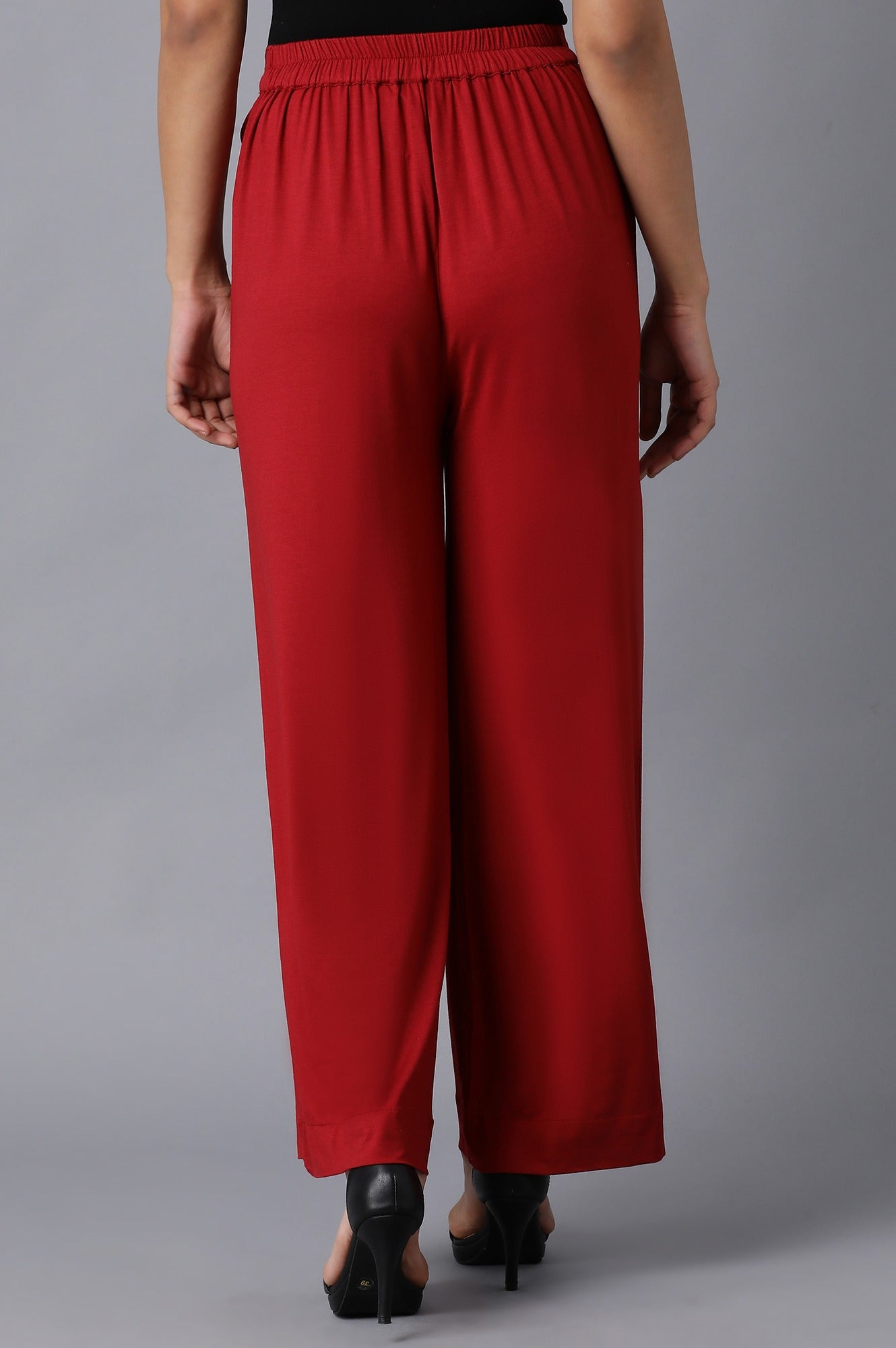 Red Solid Straight Fit Cotton Palazzo With Elasticated Waistband