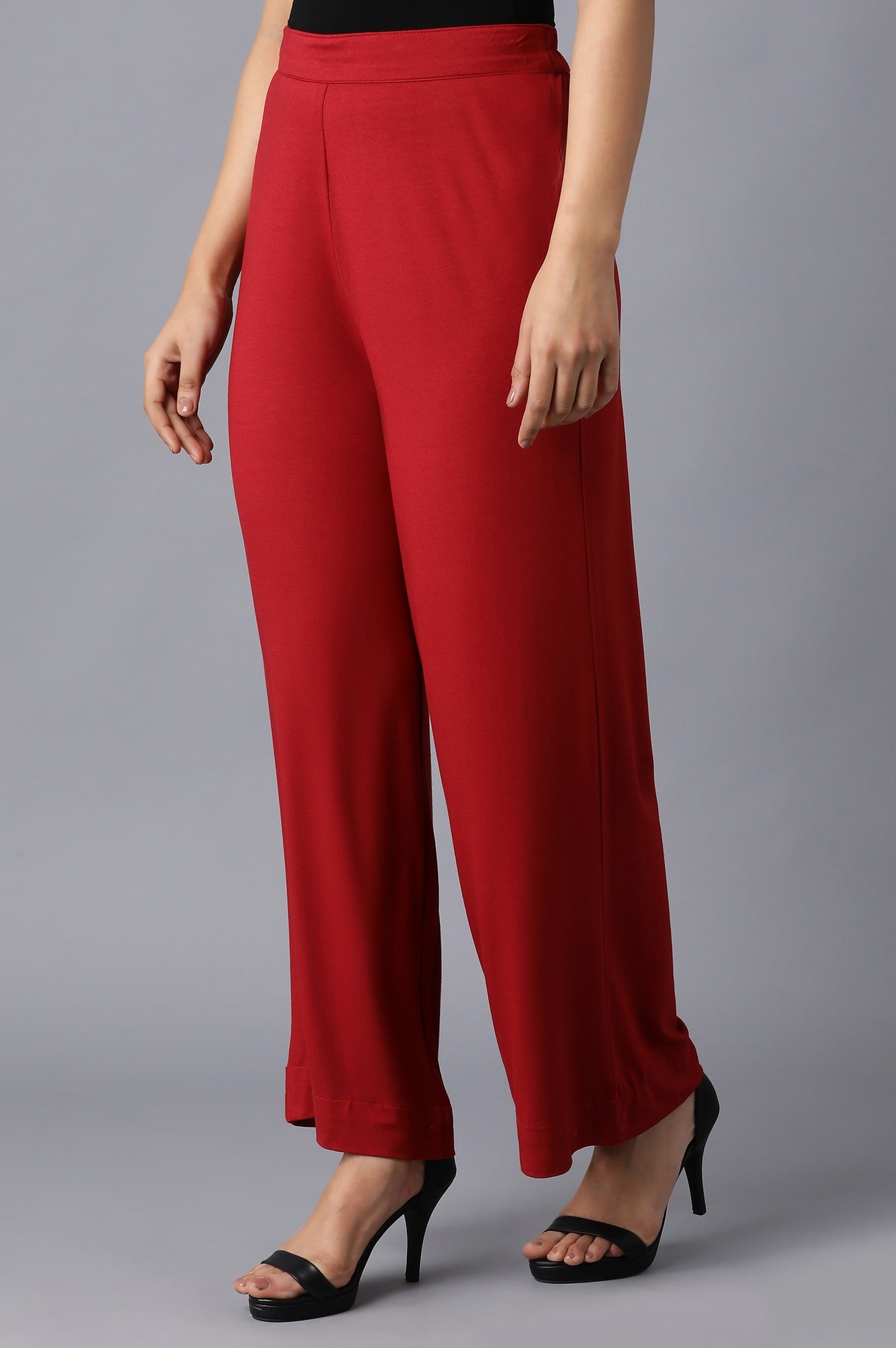 Red Solid Straight Fit Cotton Palazzo With Elasticated Waistband