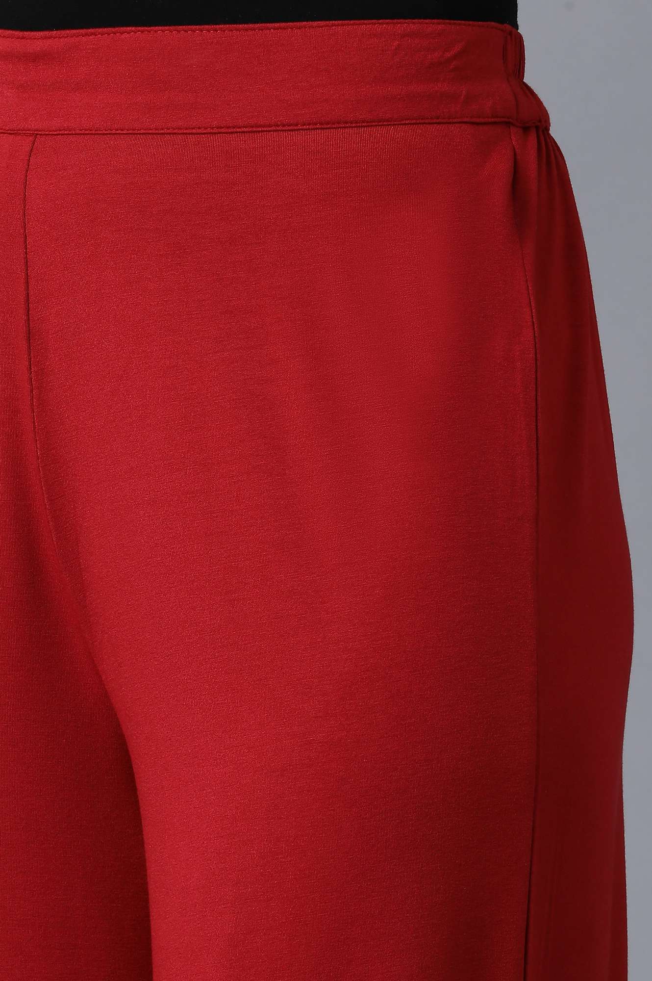Red Solid Straight Fit Cotton Palazzo With Elasticated Waistband