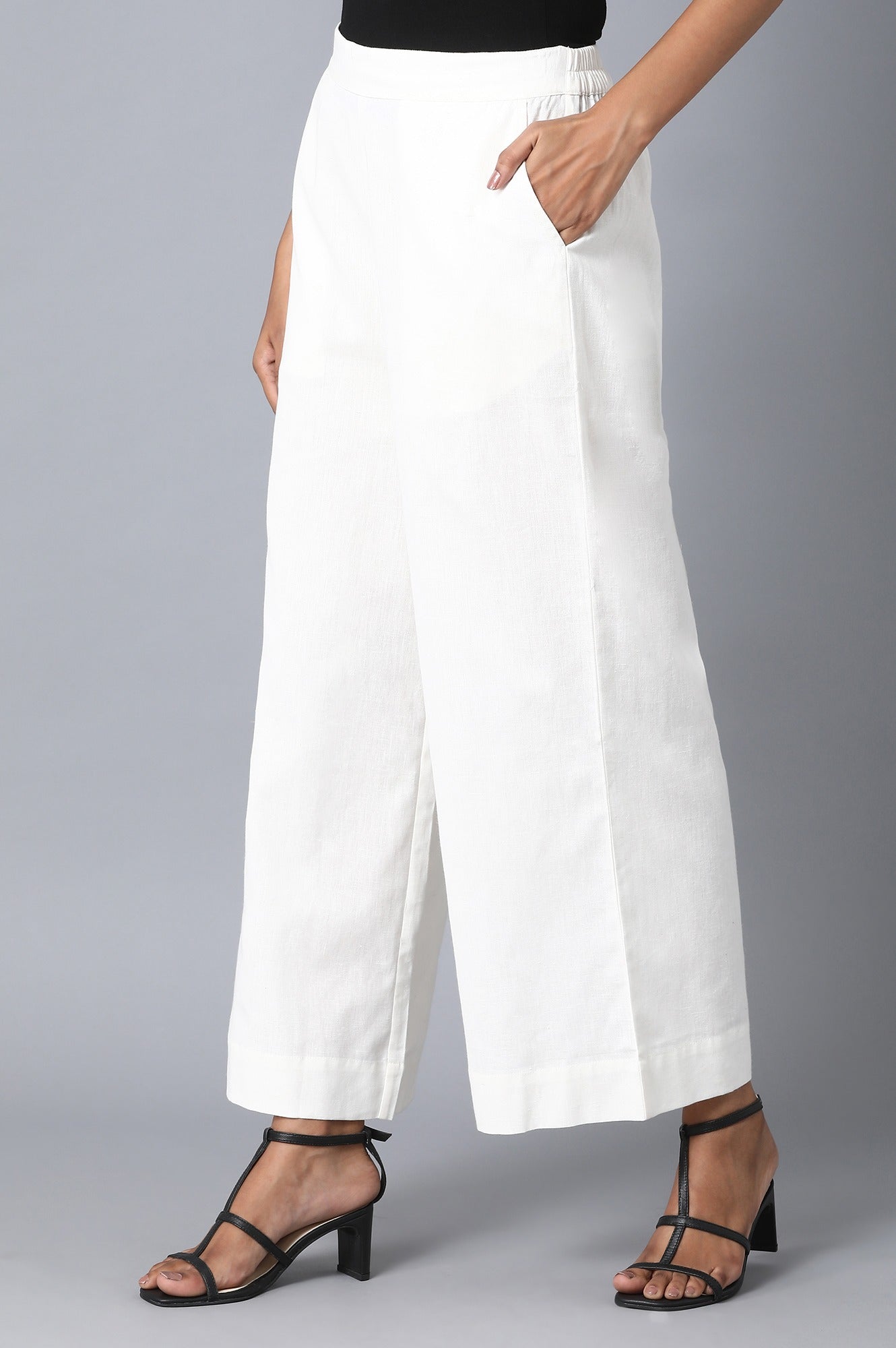 White Solid Wide Leg Cotton Palazzo With Elasticated Waist