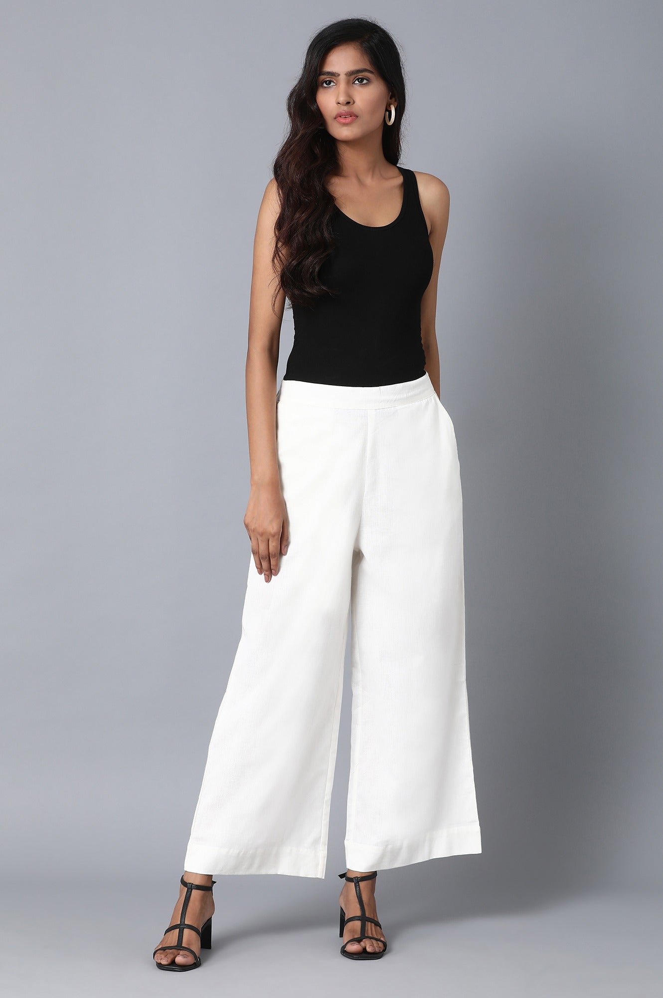 White Solid Wide Leg Cotton Palazzo With Elasticated Waist