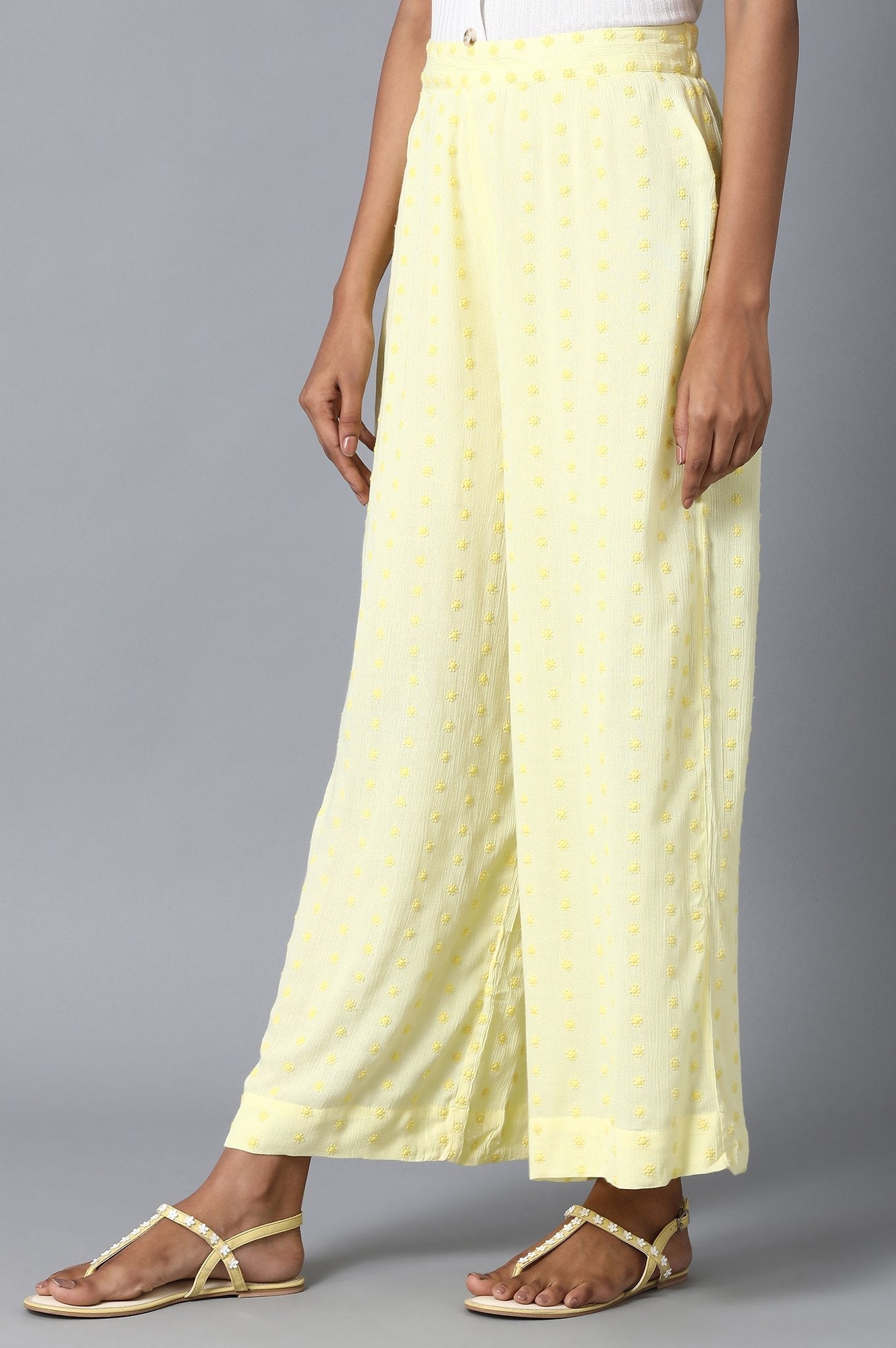 Yellow Solid Flared Cotton Palazzo With Elasticated Waist