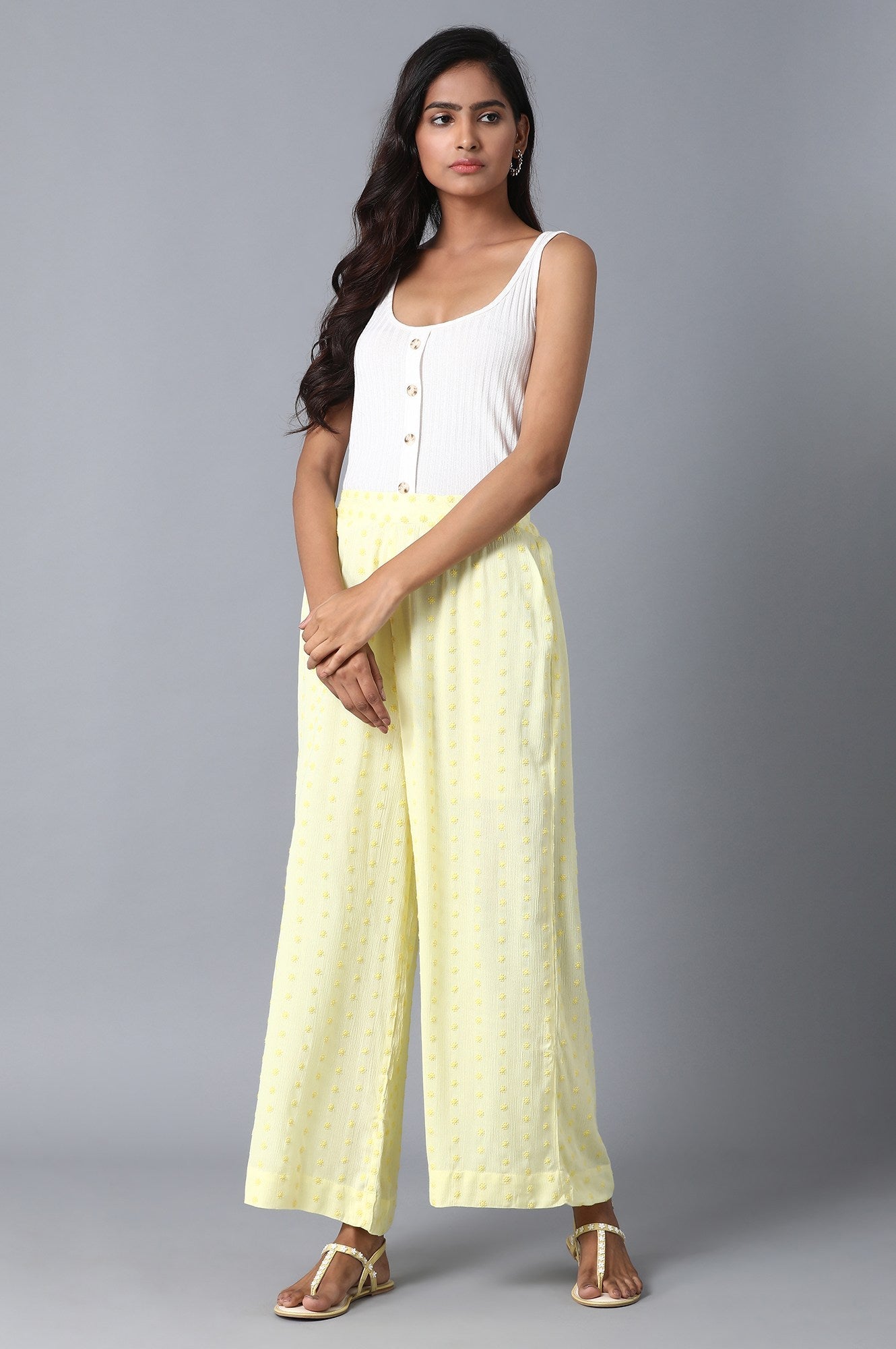 Yellow Solid Flared Cotton Palazzo With Elasticated Waist