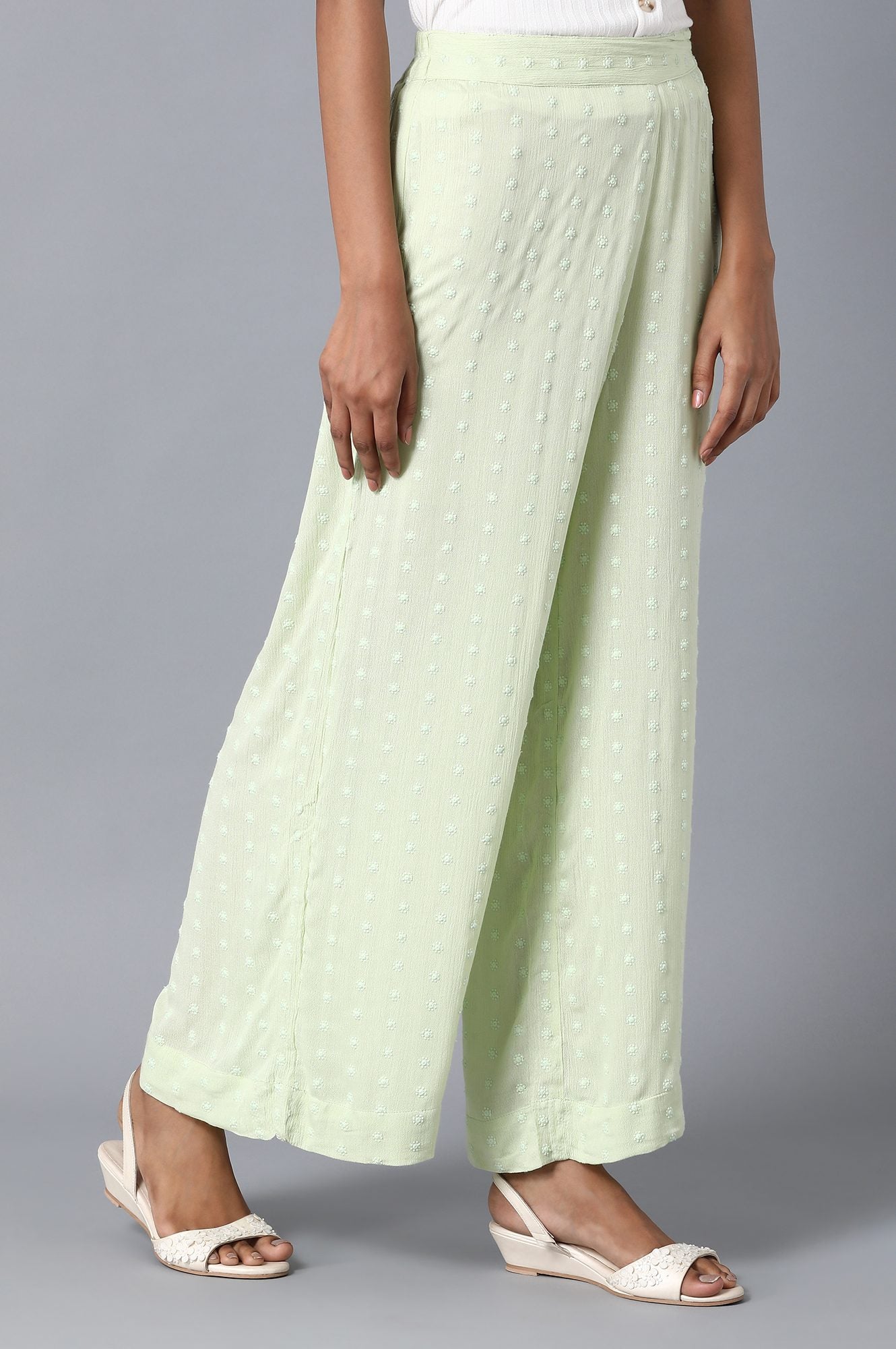 Light Green Solid Straight Fit Cotton Palazzo With Elasticated Waist