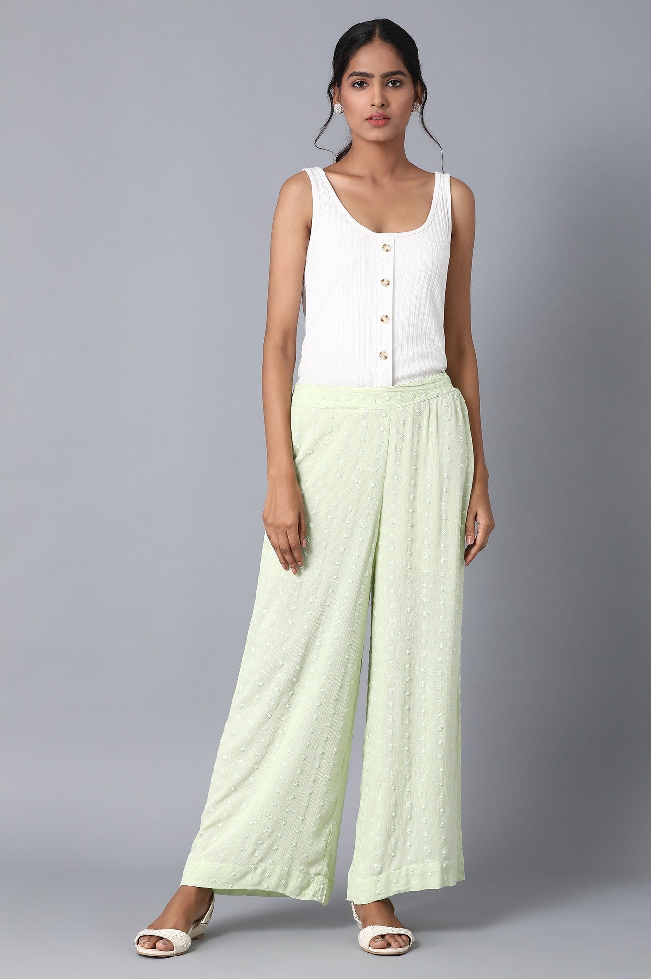 Light Green Solid Straight Fit Cotton Palazzo With Elasticated Waist