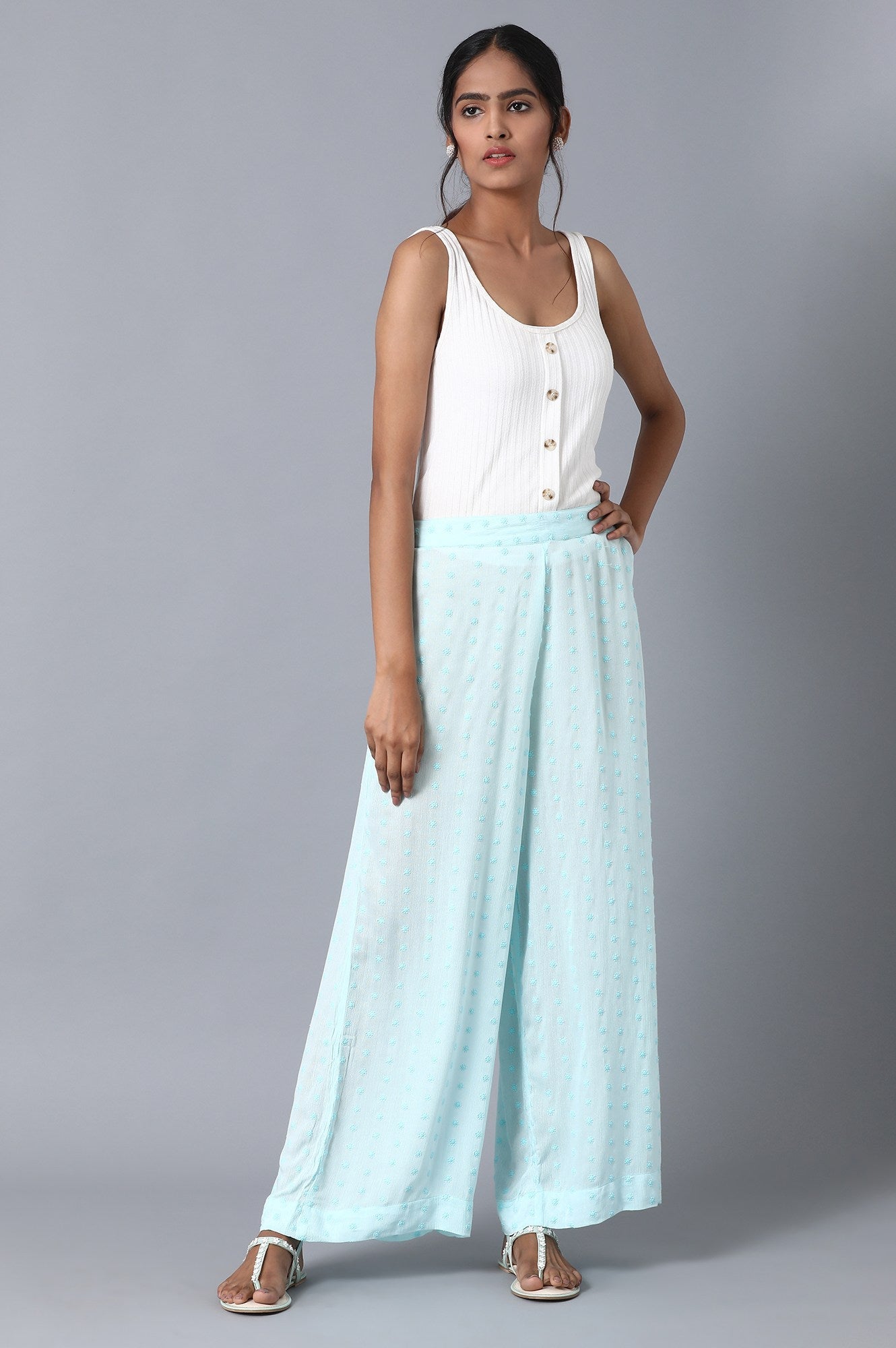 Ice Blue Solid Flared Cotton Palazzo with Elasticated Waistband