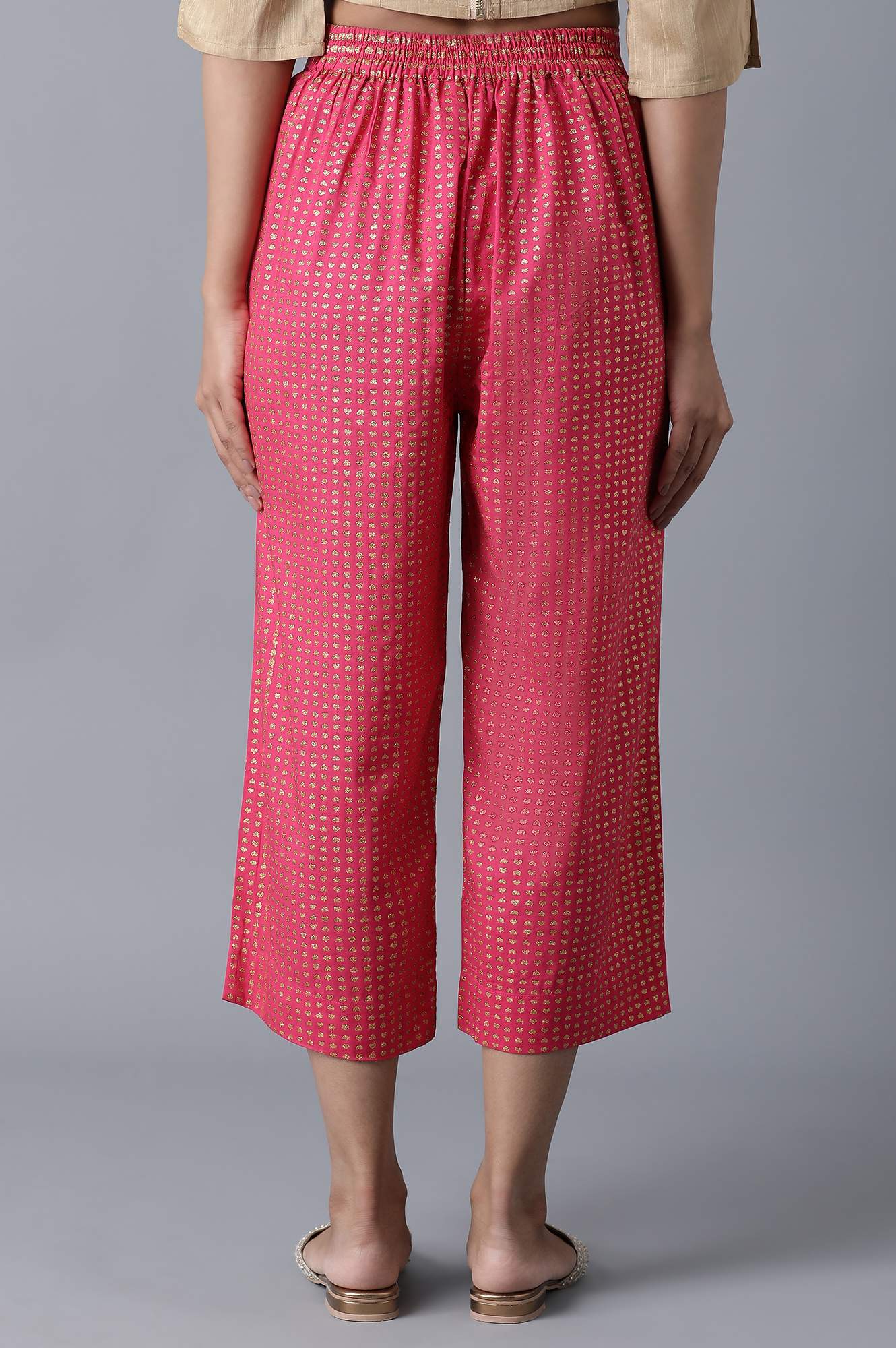 Pink Geometrical Printed Flared Cotton Palazzo with Elasticated Waist