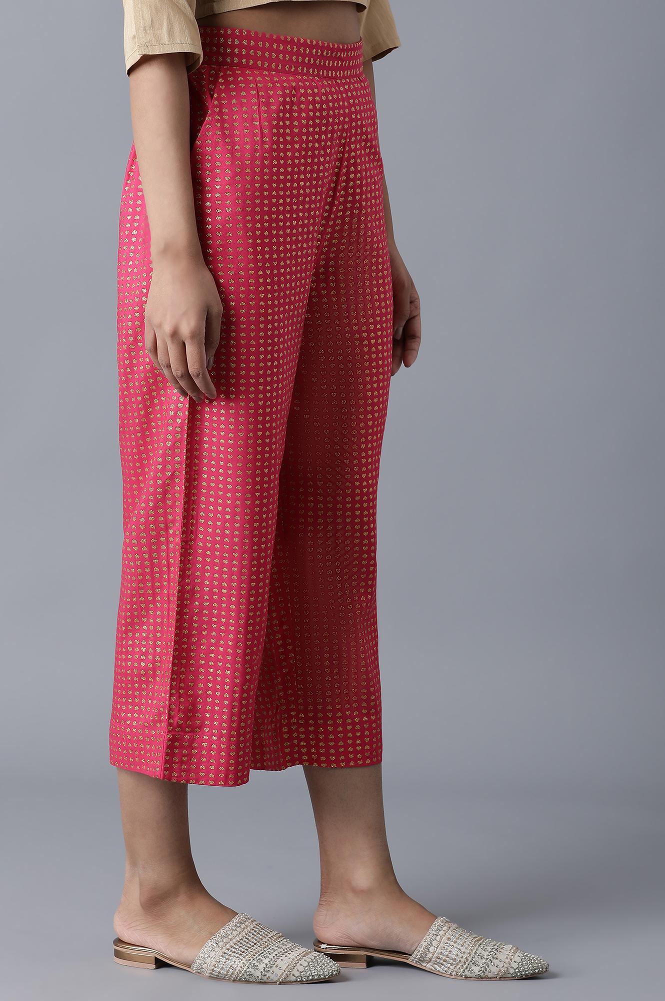 Pink Geometrical Printed Flared Cotton Palazzo with Elasticated Waist