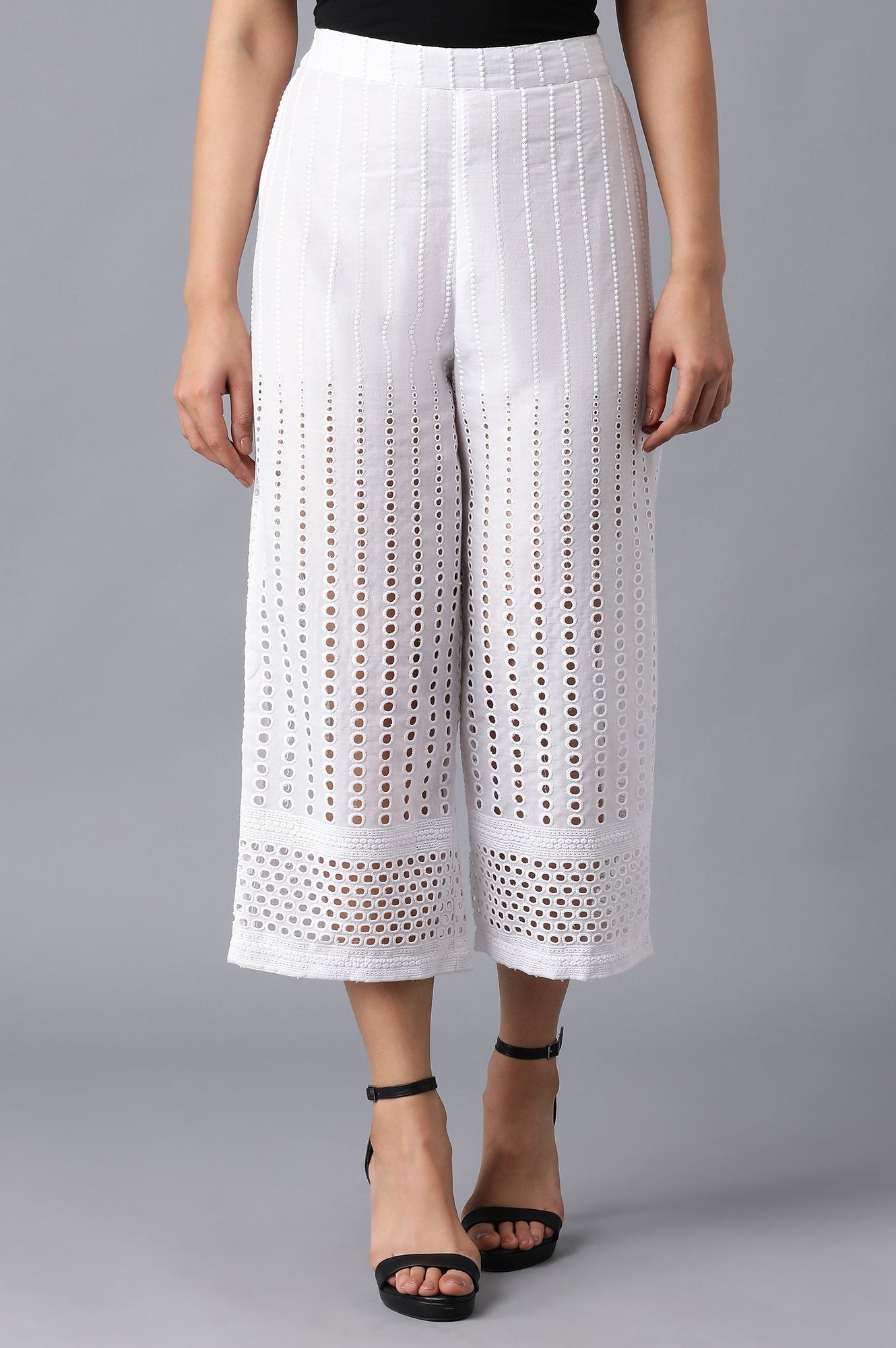 White Solid Wide Leg Cotton Culottes With Embroidered Eyelet Detail