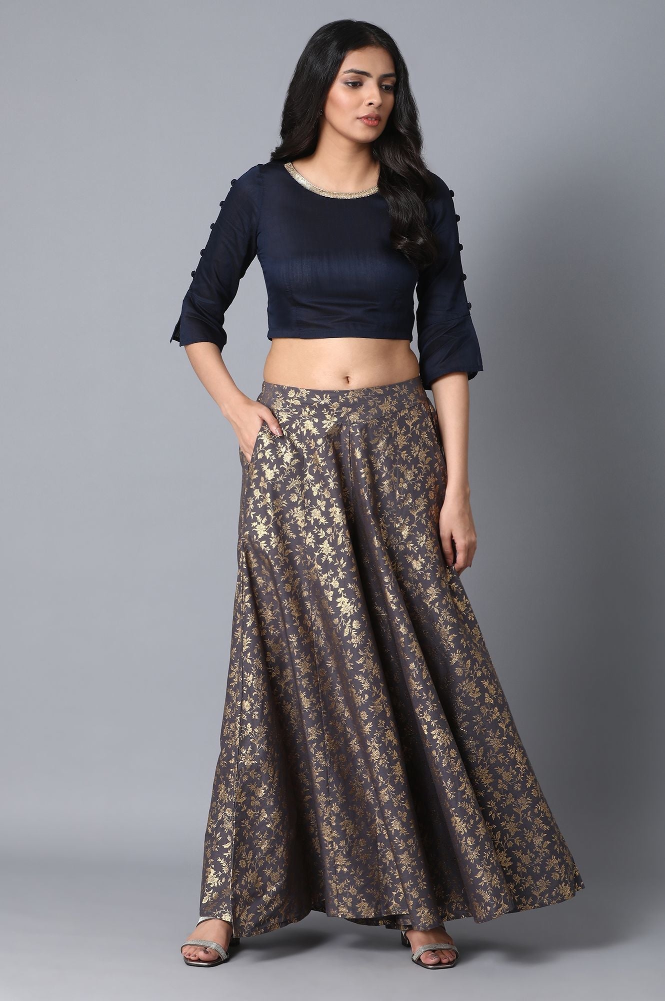 Charcoal Grey Floral Printed Flared Cotton Palazzo With Elasticated Waist
