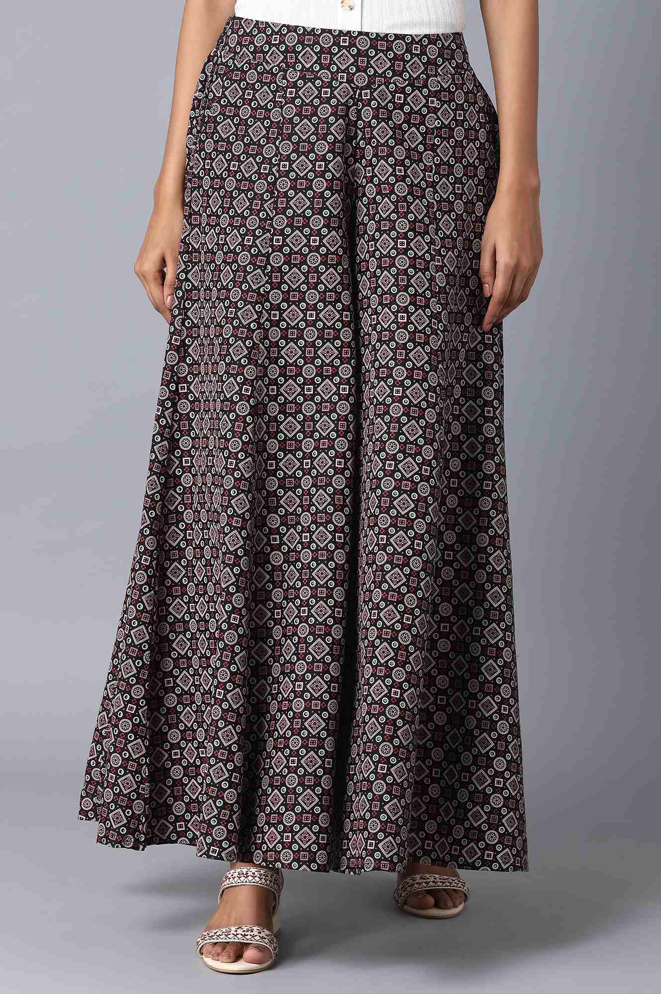 Black Geometric Printed Flared Cotton Palazzo With Elasticated Waist
