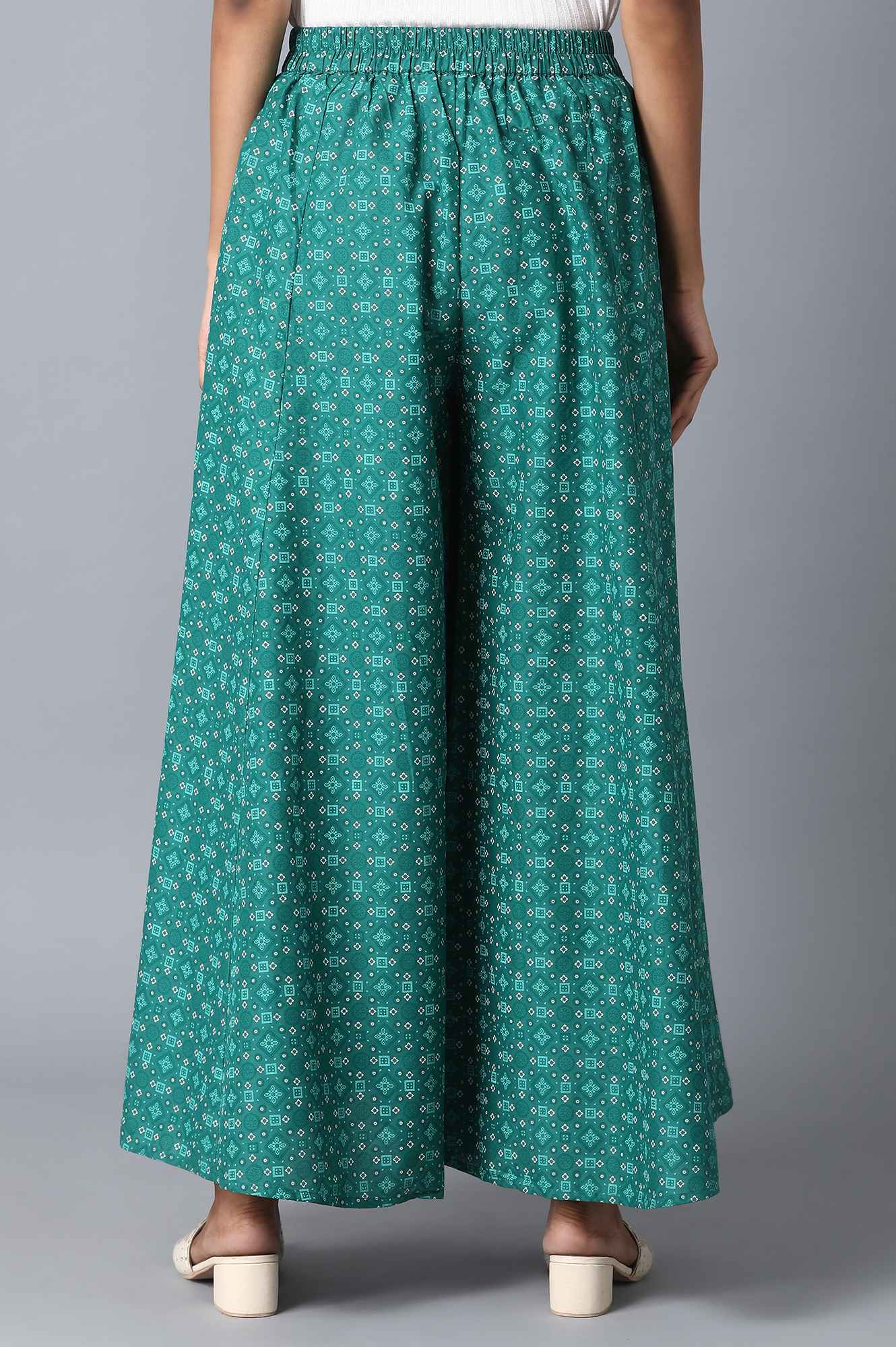 Teal Geometric Printed Flared Cotton Palazzo With Elasticated Waist