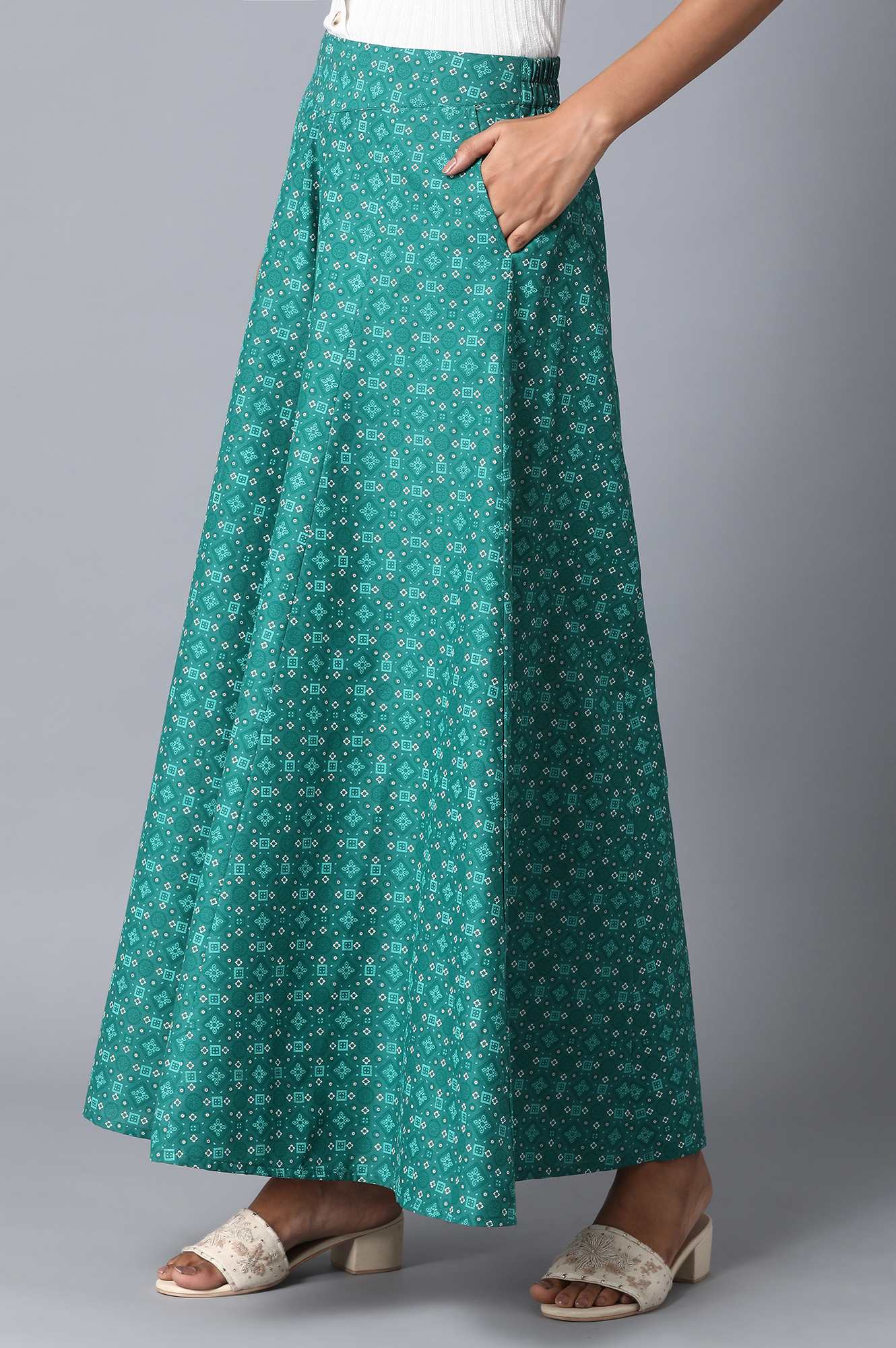 Teal Geometric Printed Flared Cotton Palazzo With Elasticated Waist