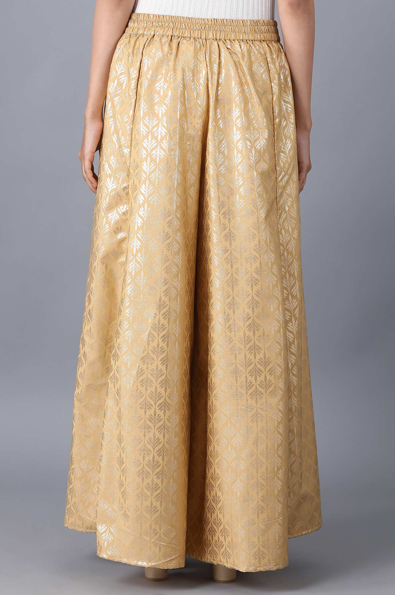 Gold Solid Flared Cotton Palazzo With Elasticated Waist