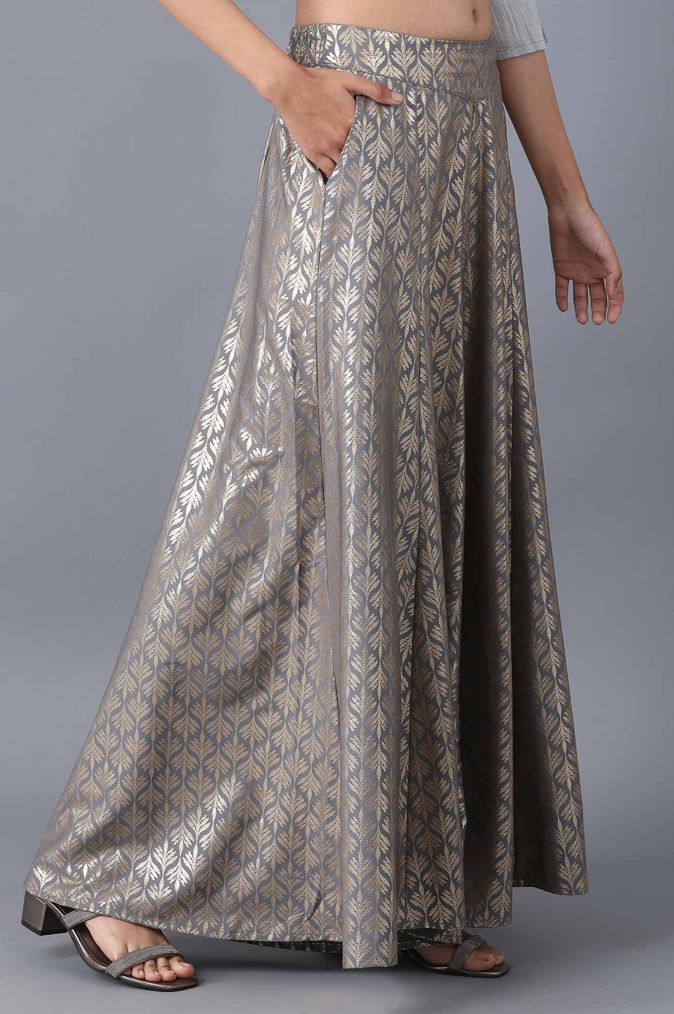 Silver Printed Flared Cotton Palazzo With Elasticated Waist