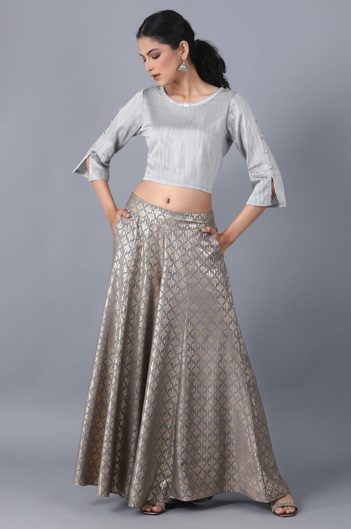 Silver Printed Flared Cotton Palazzo With Elasticated Waist