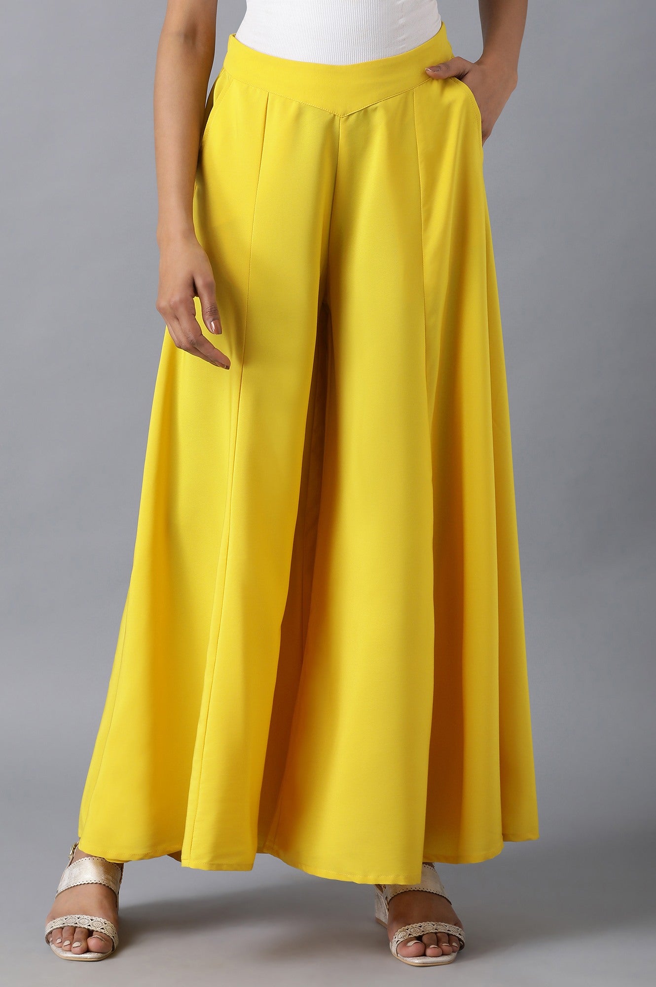 Yellow Solid Flared Woven Pants with Elasticated Waistband