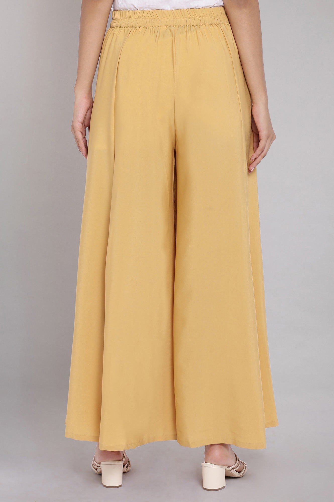 Gold Solid Flared Cotton Palazzo With Slip On Closure