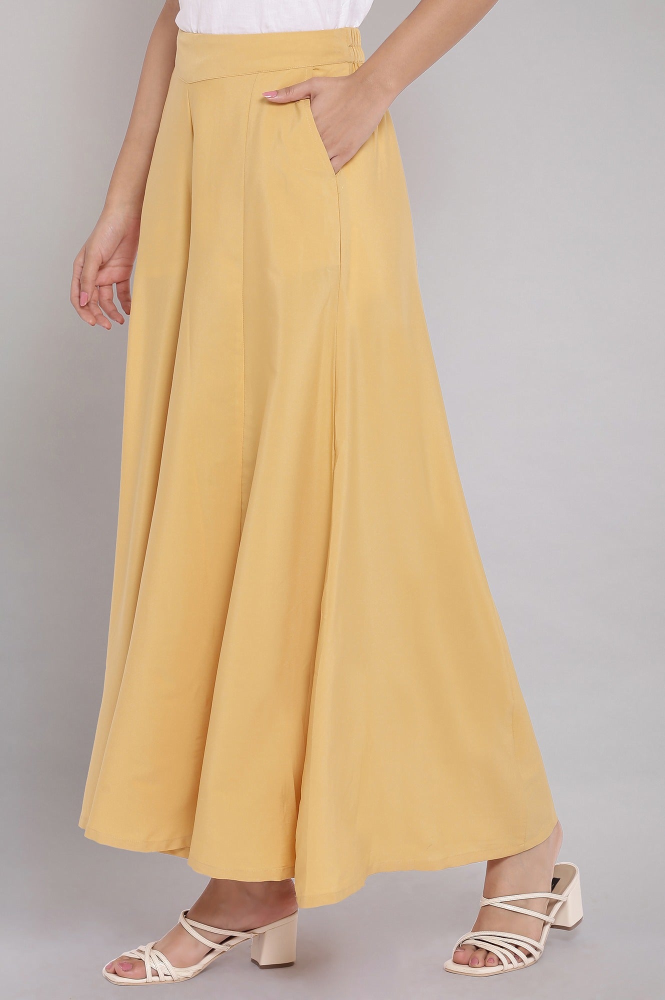 Gold Solid Flared Cotton Palazzo With Slip On Closure