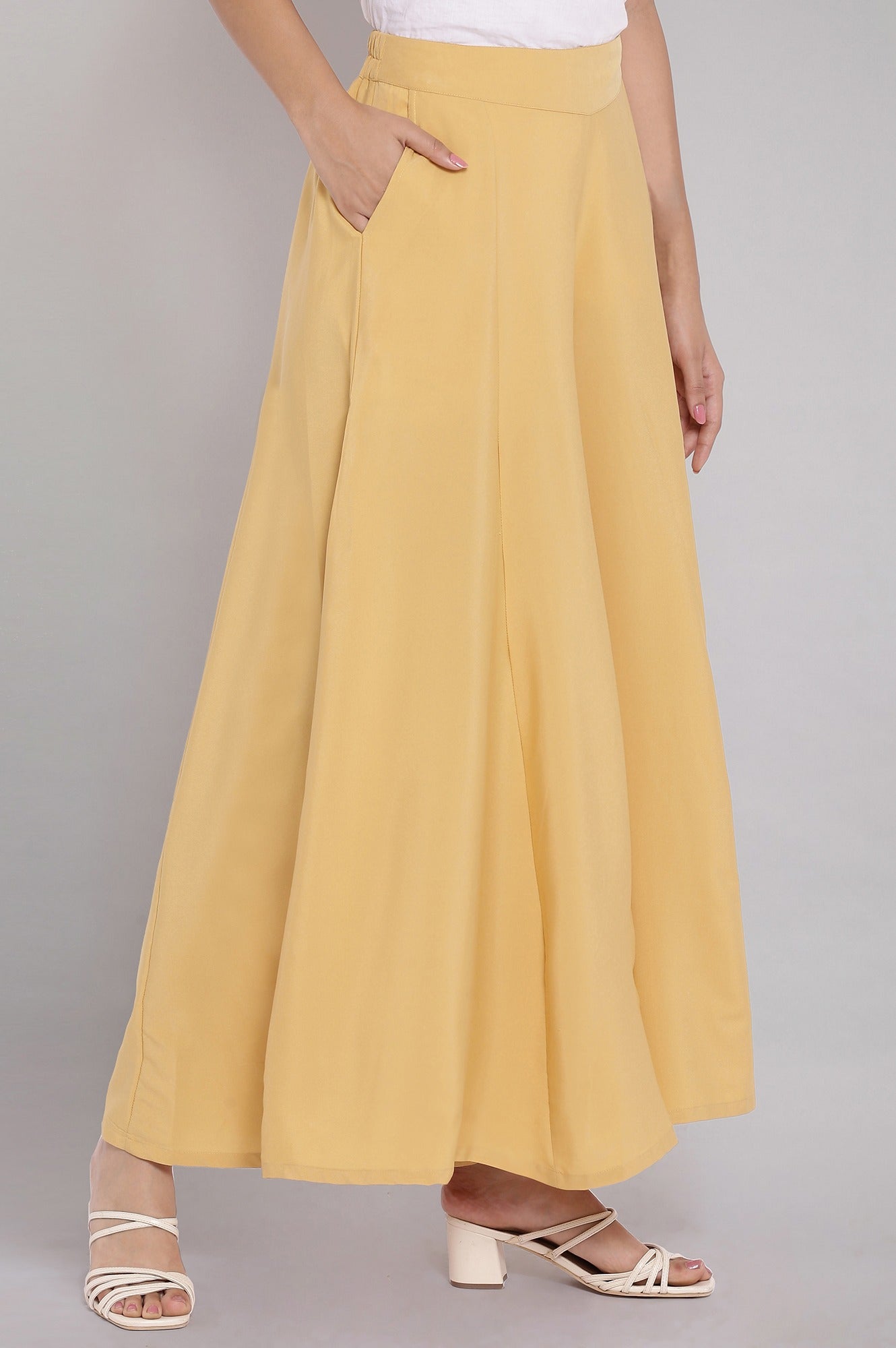 Gold Solid Flared Cotton Palazzo With Slip On Closure