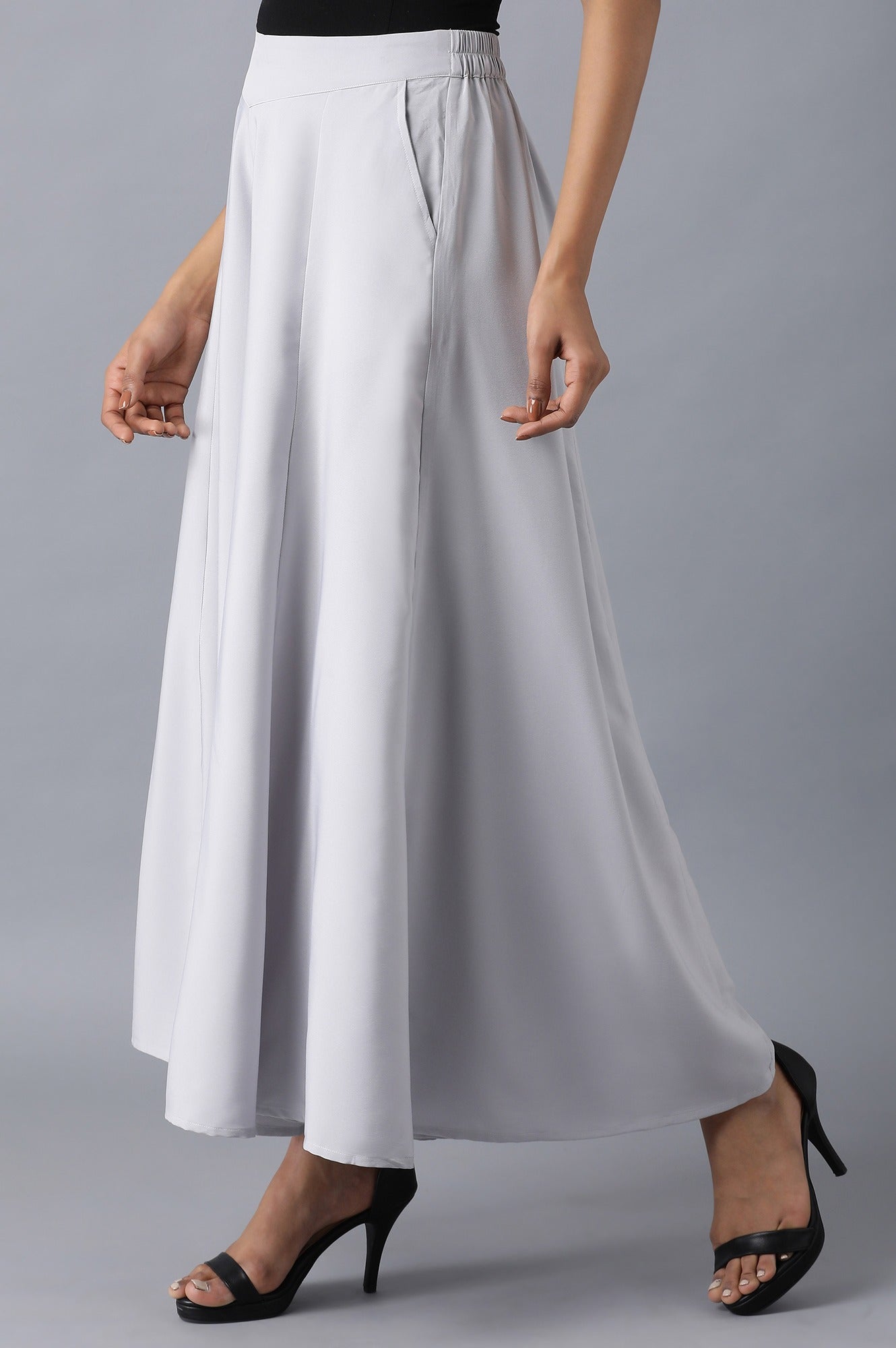 Grey Solid Flared Cotton Palazzo With Slip On Closure