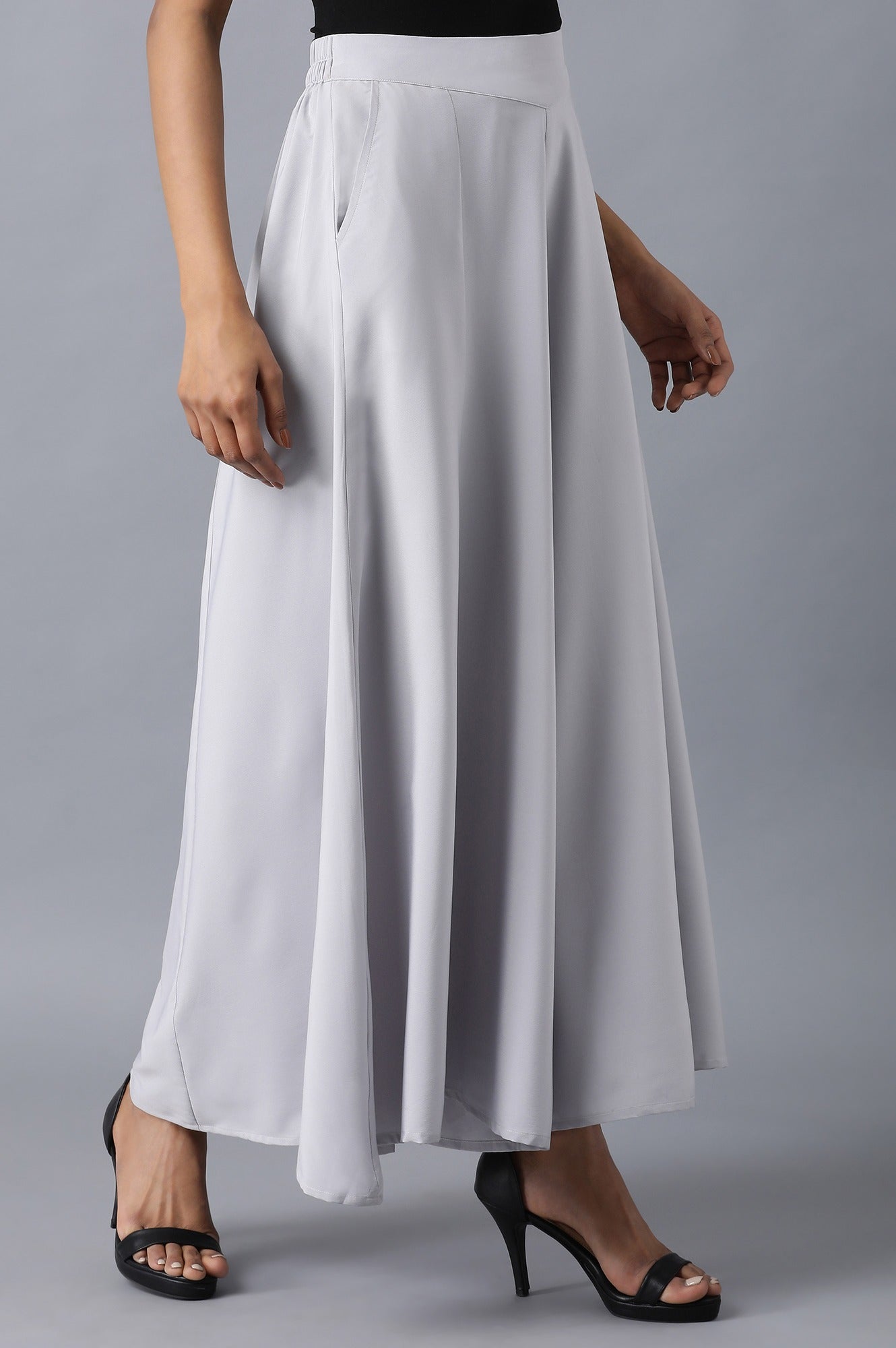 Grey Solid Flared Cotton Palazzo With Slip On Closure