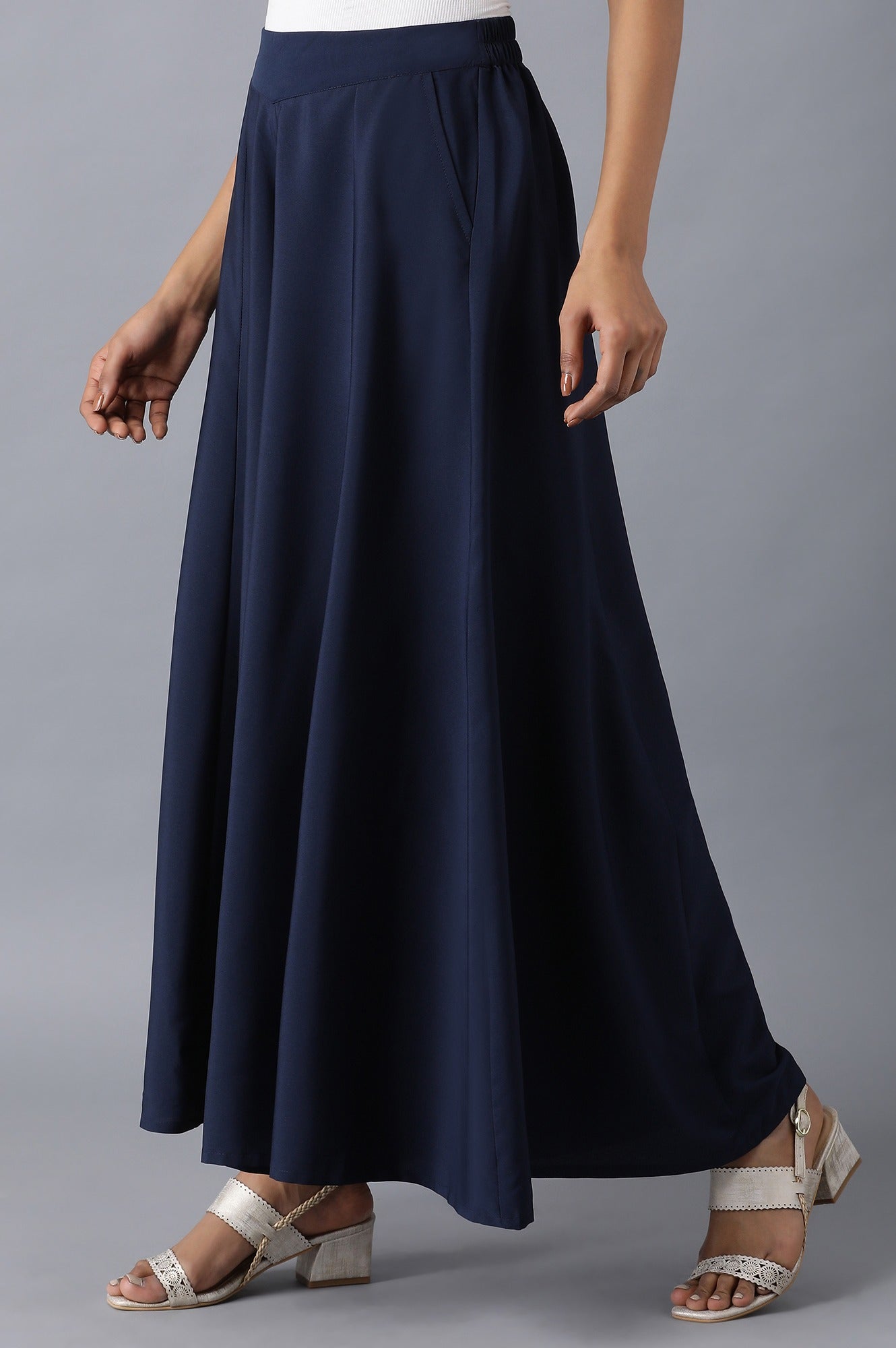 Navy Blue Solid Flared Cotton Palazzo With Slip On Closure