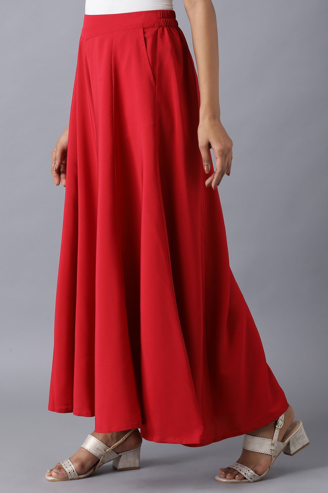 Red Solid Flared Cotton Palazzo With Slip On Closure