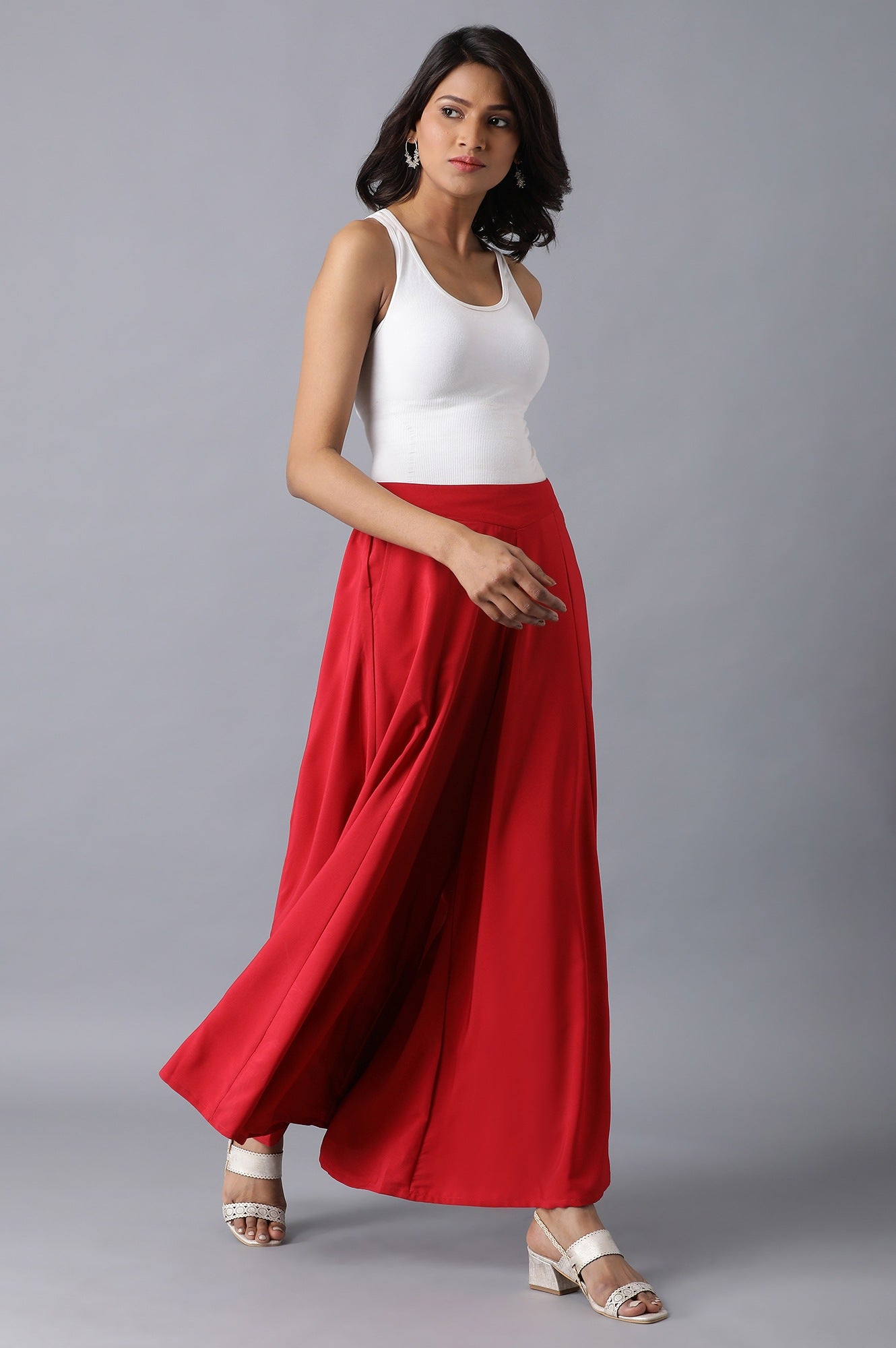 Red Solid Flared Cotton Palazzo With Slip On Closure