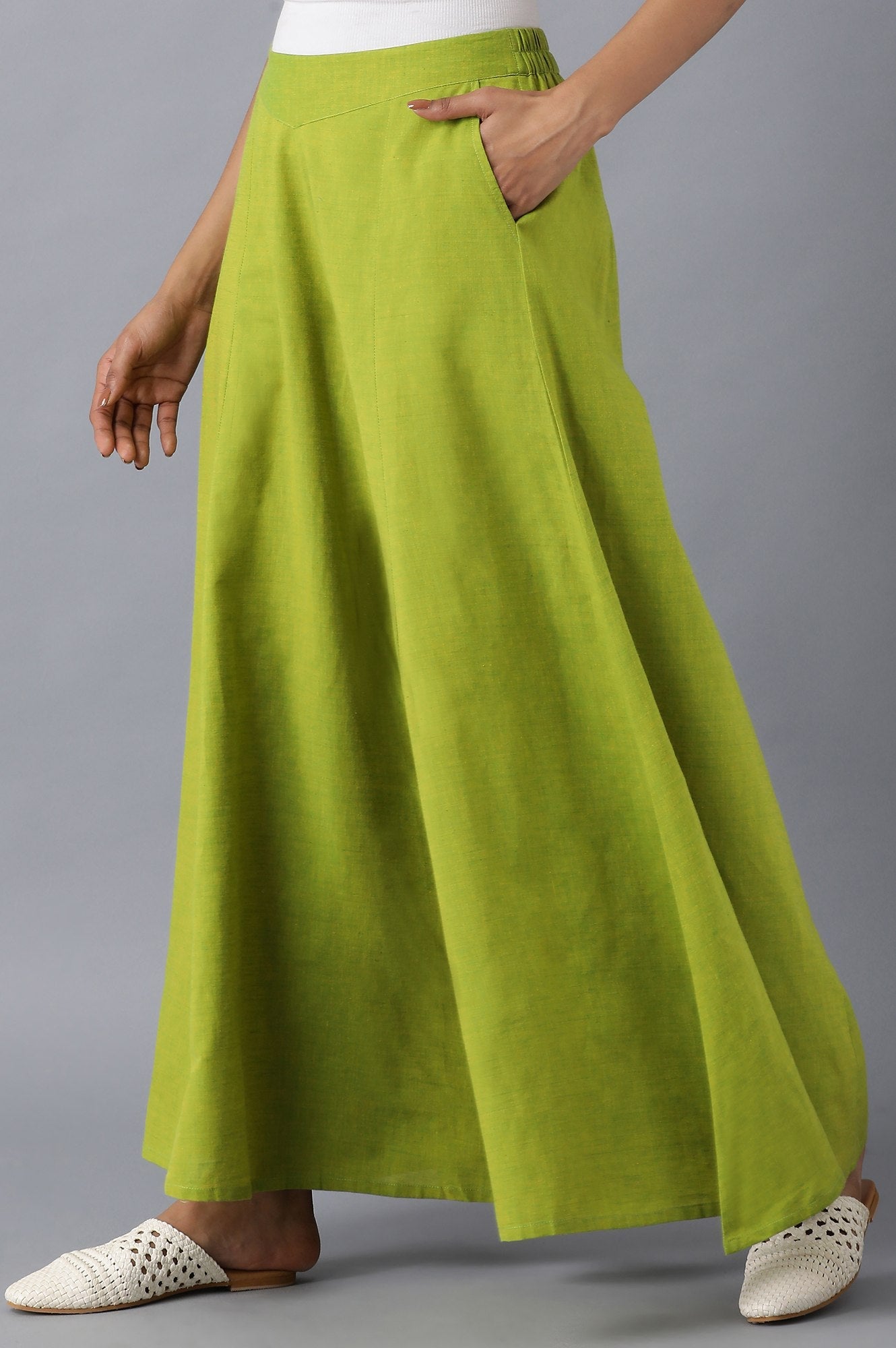 Muted Sage Green Solid Flared Cotton Palazzo With Elasticated Waistband