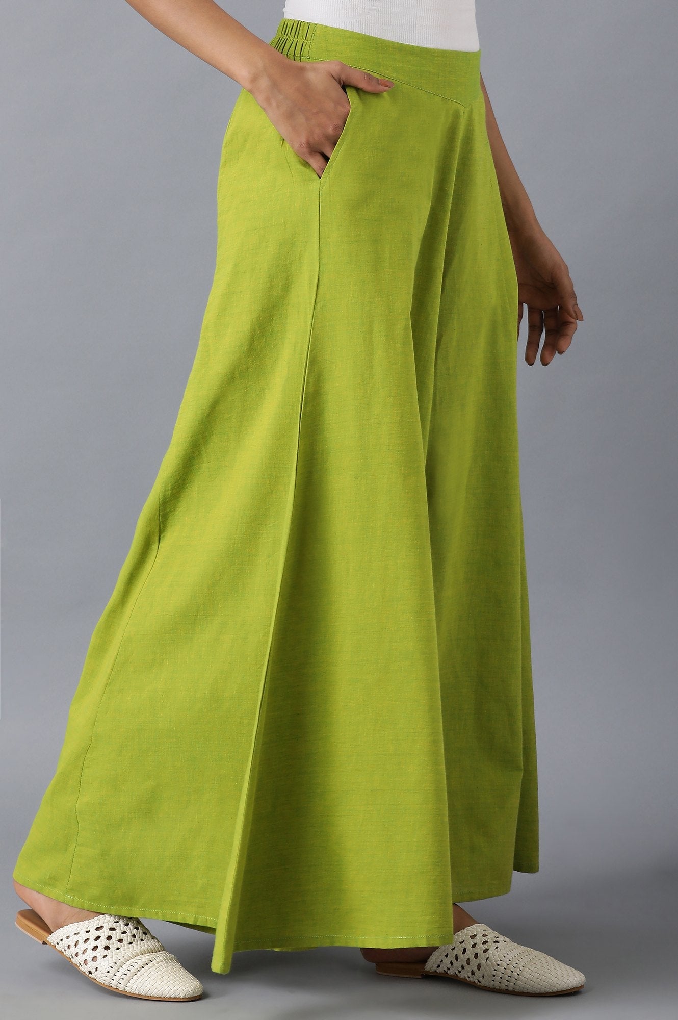 Muted Sage Green Solid Flared Cotton Palazzo With Elasticated Waistband