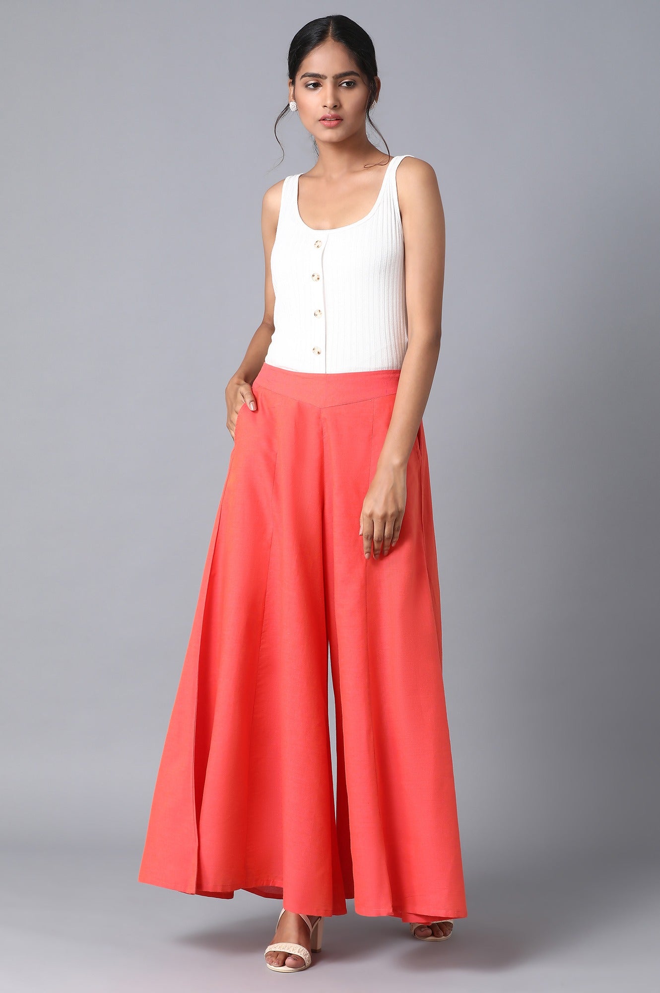 Coral Solid Flared Cotton Palazzo With Elasticated Waistband