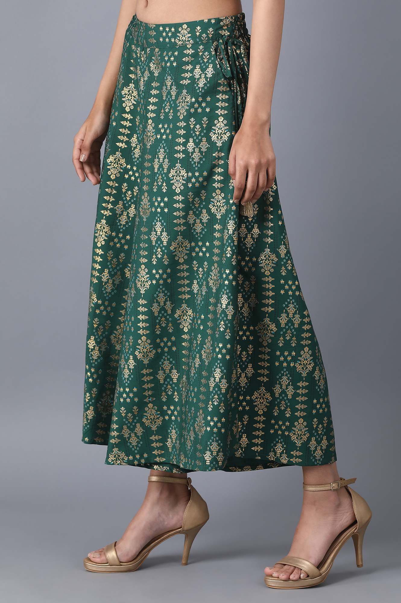 Muted Sage Green Floral Printed Flared Cotton Palazzo With Elasticated Waist