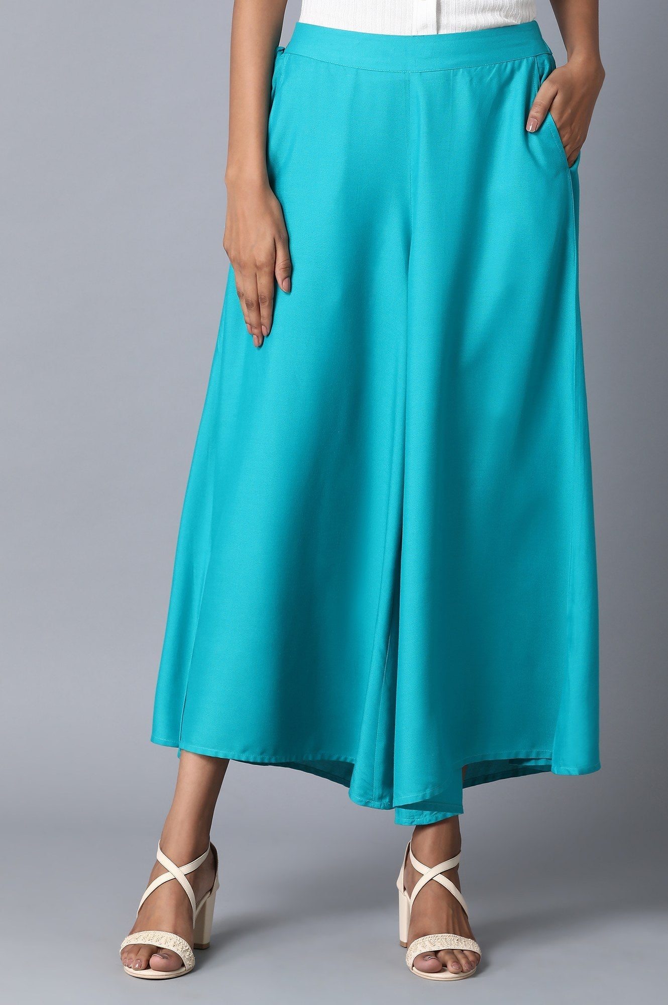 Turquoise Solid Flared Cotton Culottes with Elasticated Waist