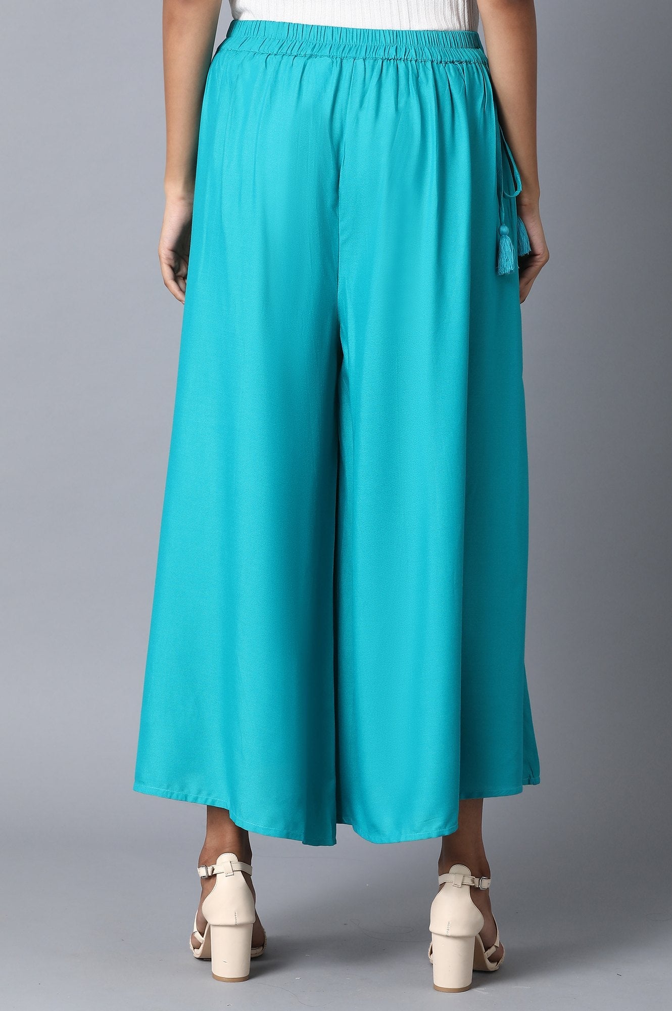 Turquoise Solid Flared Cotton Culottes with Elasticated Waist