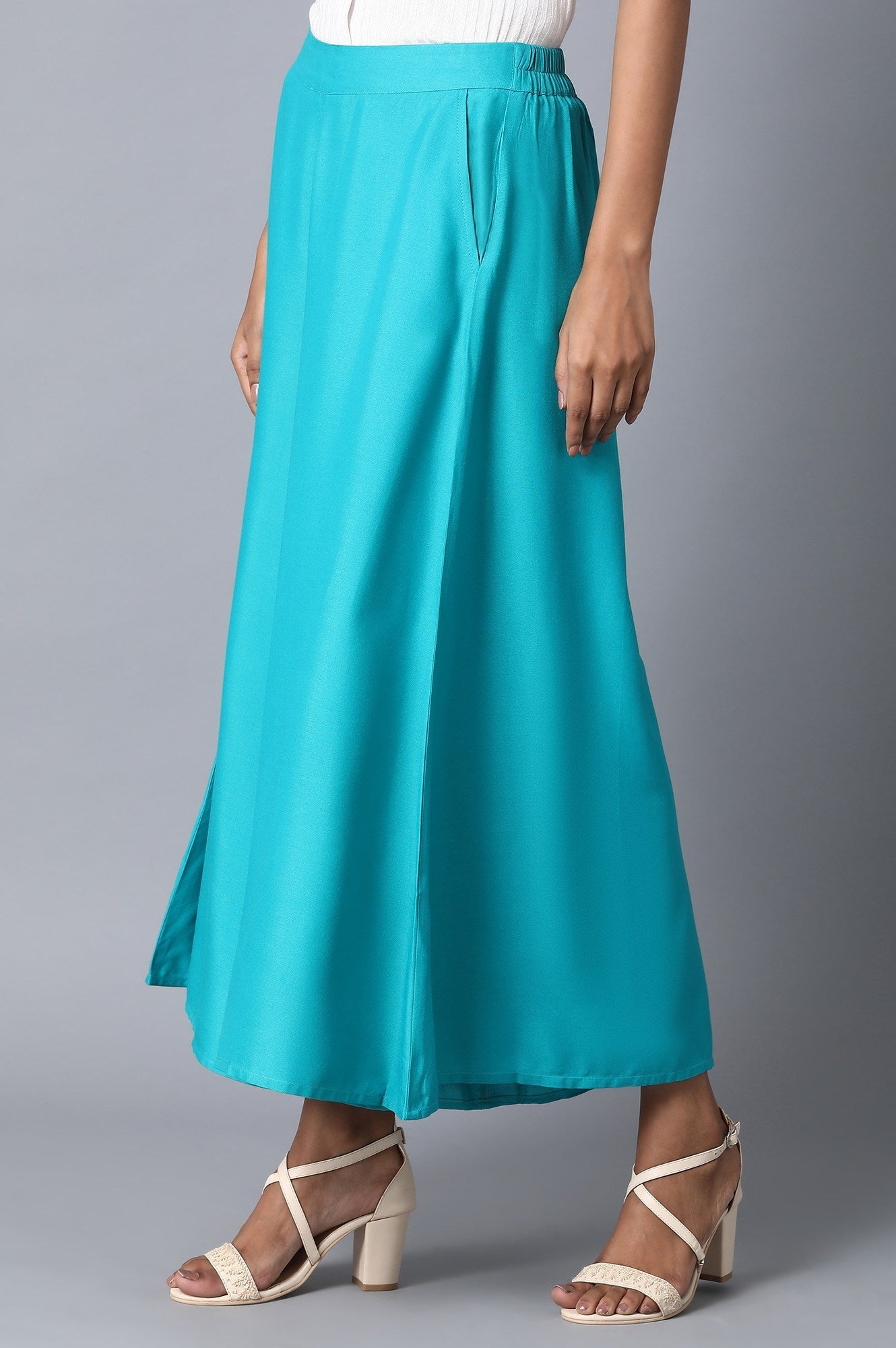 Turquoise Solid Flared Cotton Culottes with Elasticated Waist