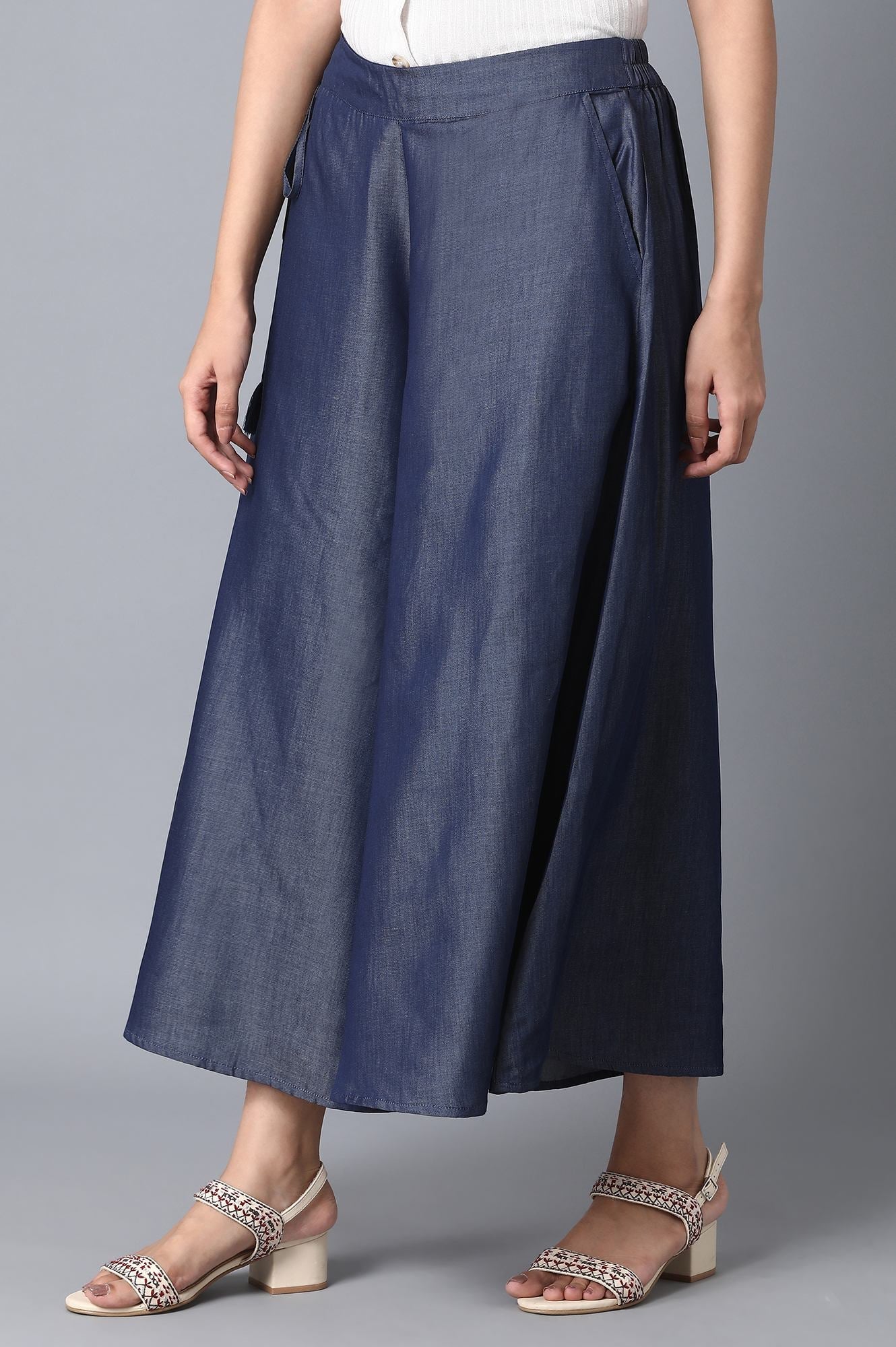 Indigo Solid Flared Cotton Culottes With Elasticated Waist