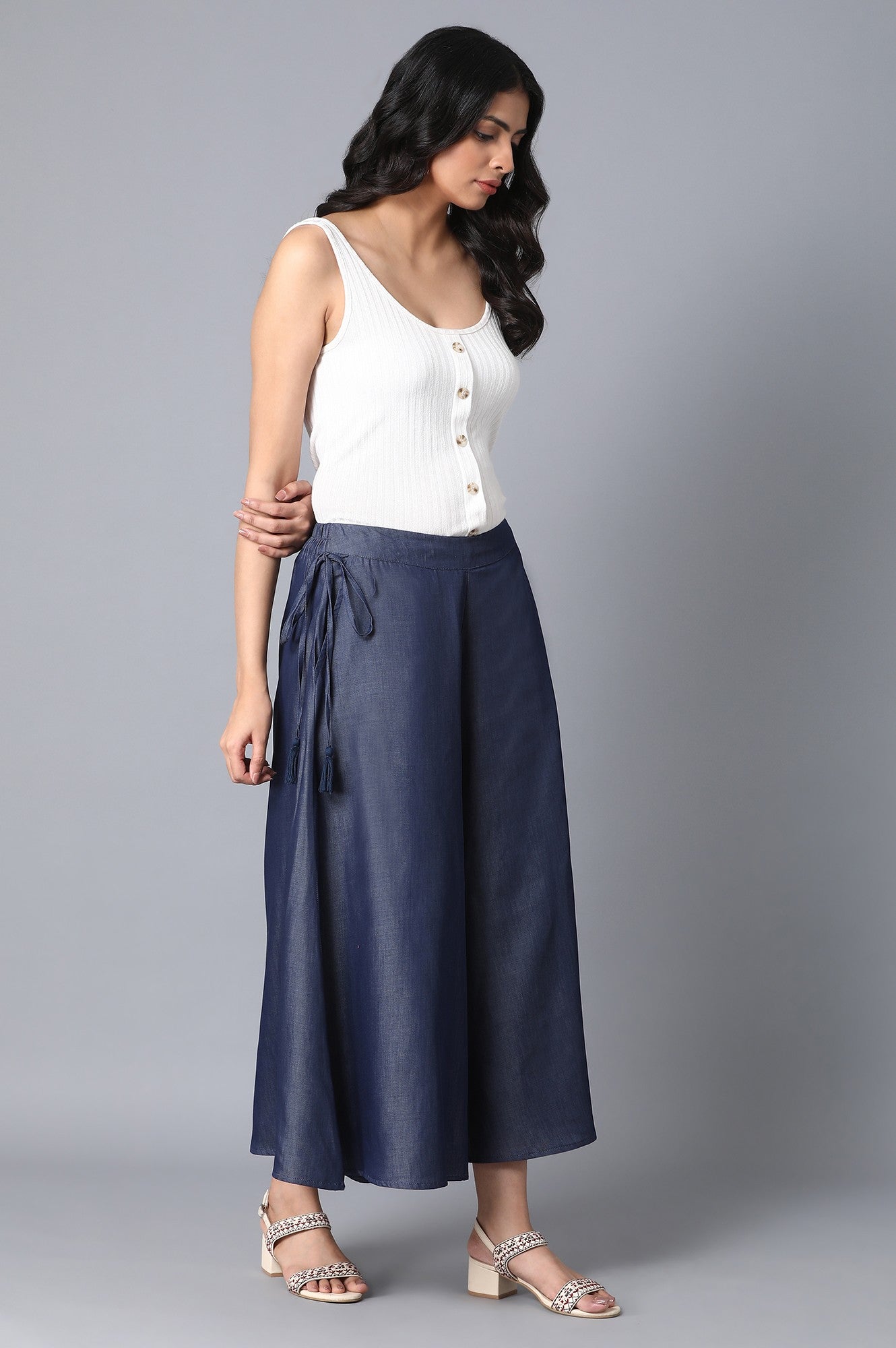 Indigo Solid Flared Cotton Culottes With Elasticated Waist