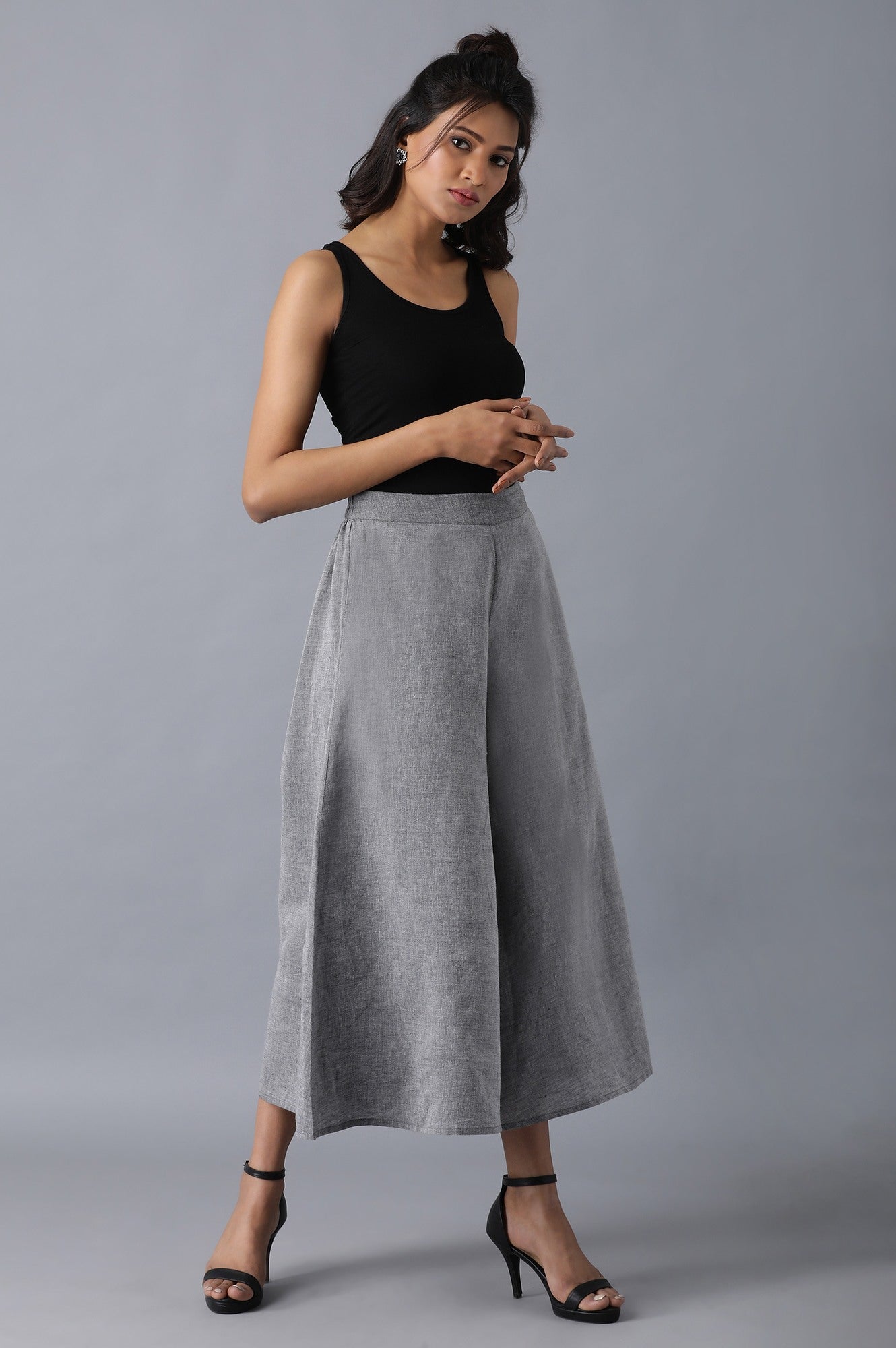 Grey Solid Flared Cotton Palazzo With Elasticated Waistband