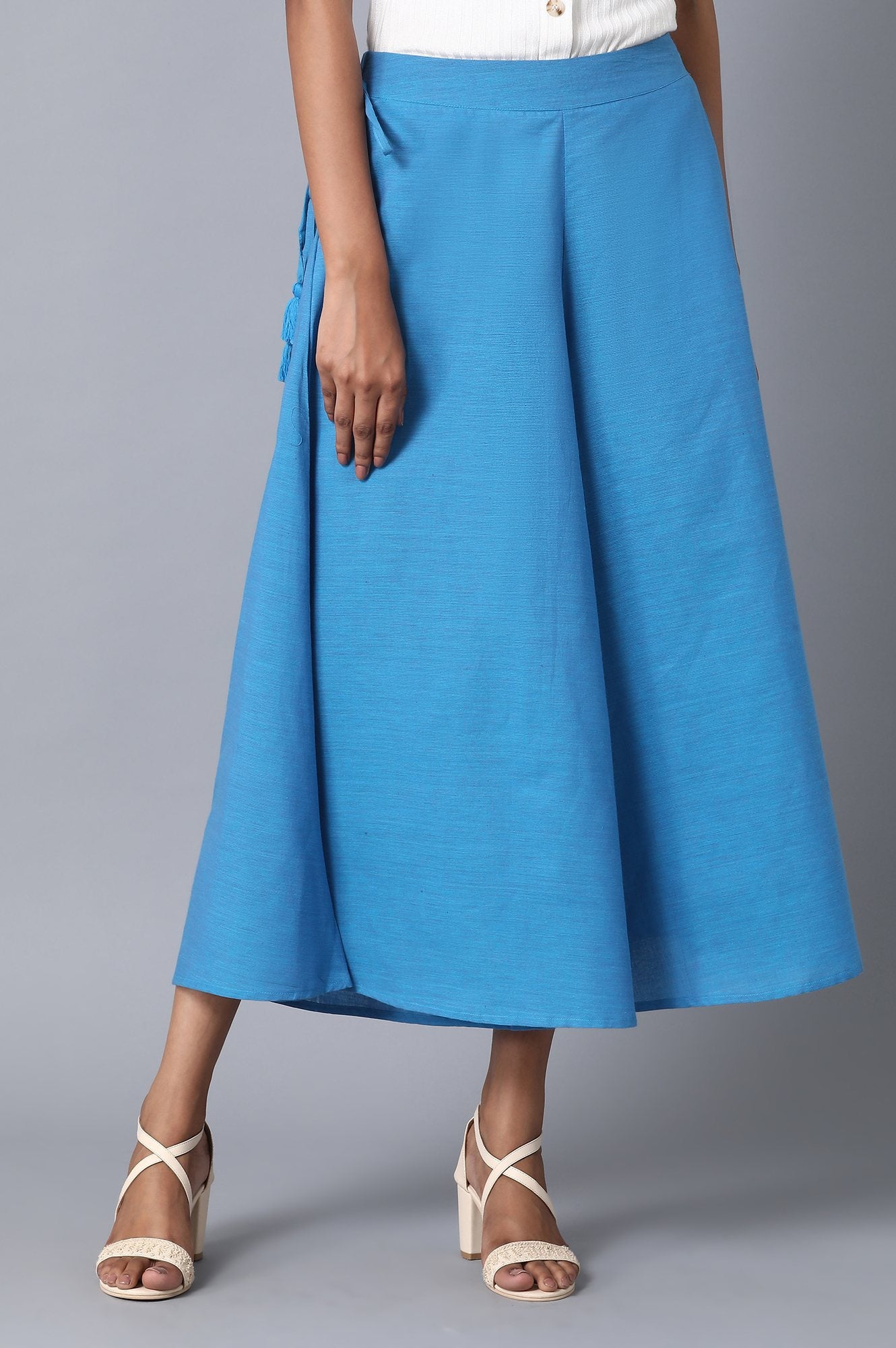 Blue Solid Flared Cotton Palazzo With Elasticated Waist