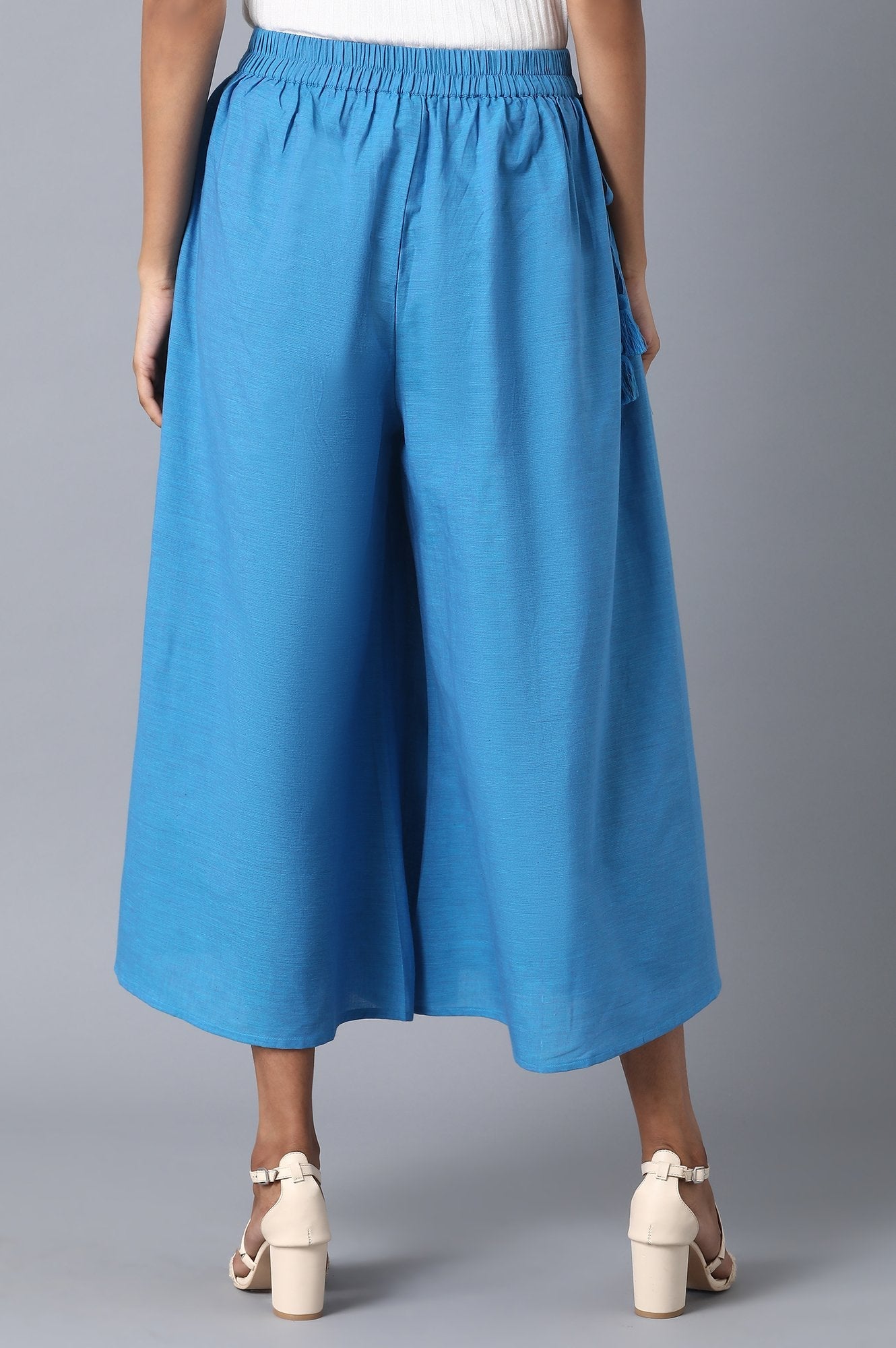Blue Solid Flared Cotton Palazzo With Elasticated Waist