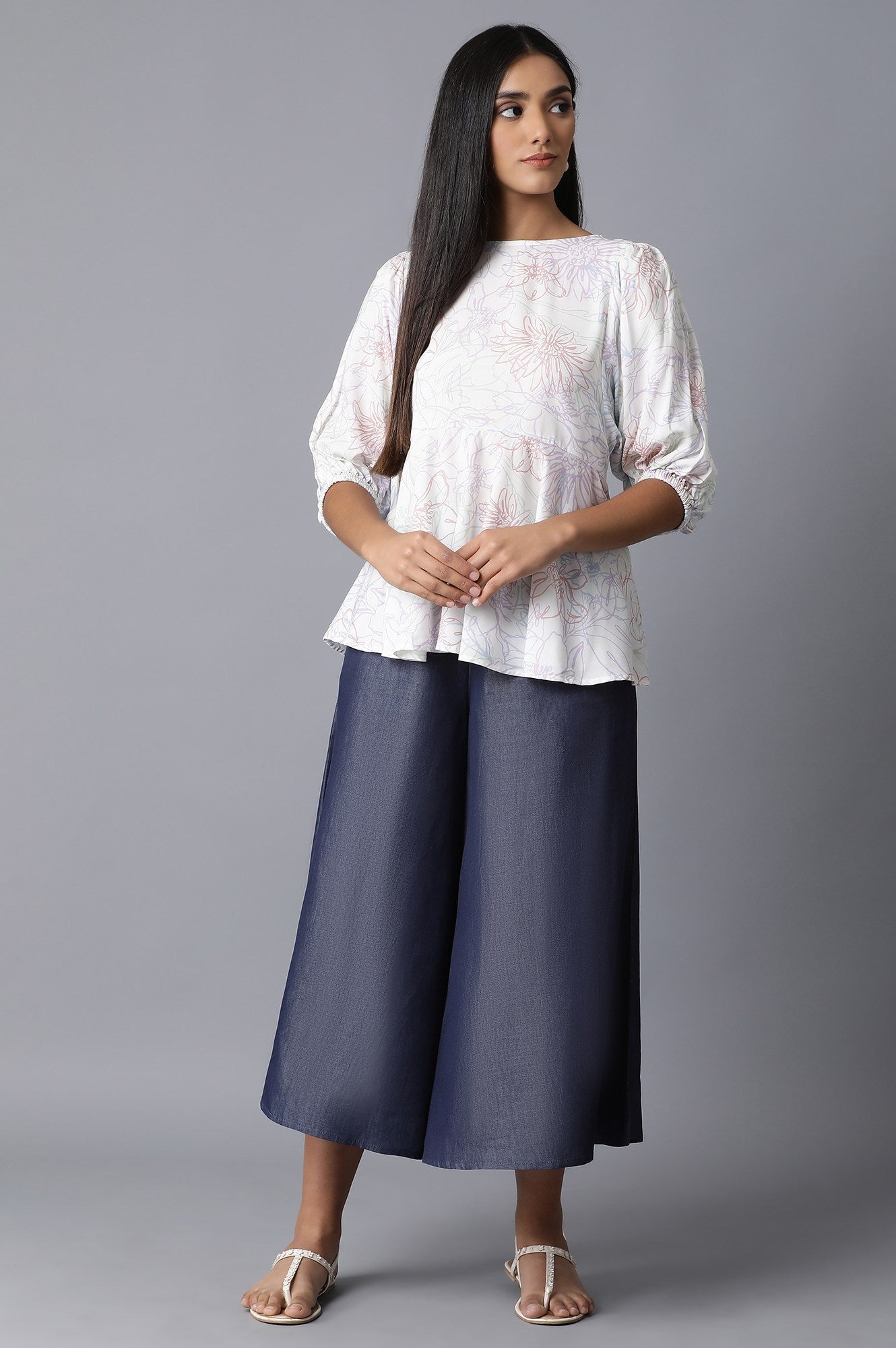 Navy Blue Solid Flared Cotton Culottes With Elasticated Waist