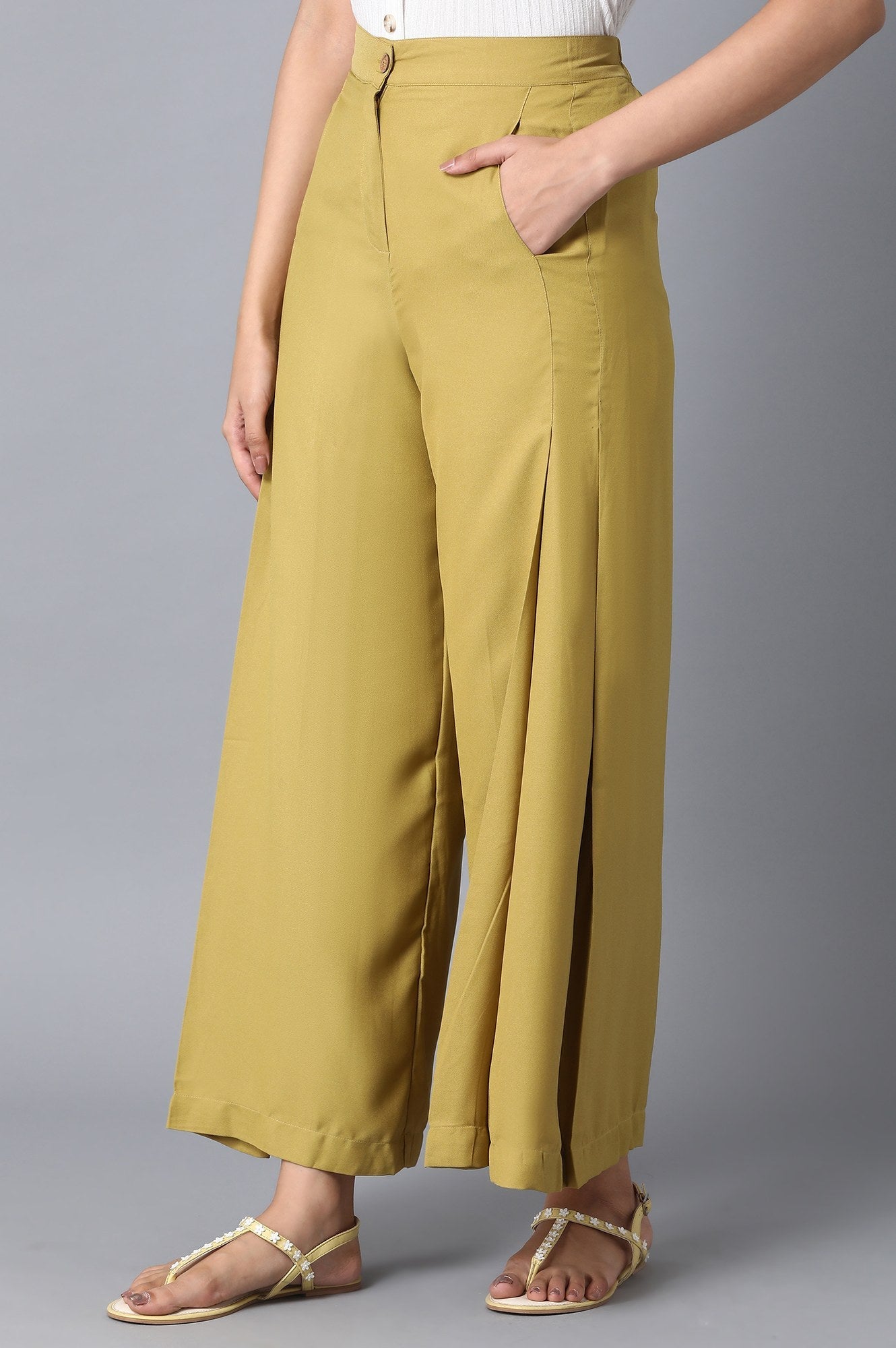 Burnished Gold Solid Flared Woven Palazzo with Front Zip