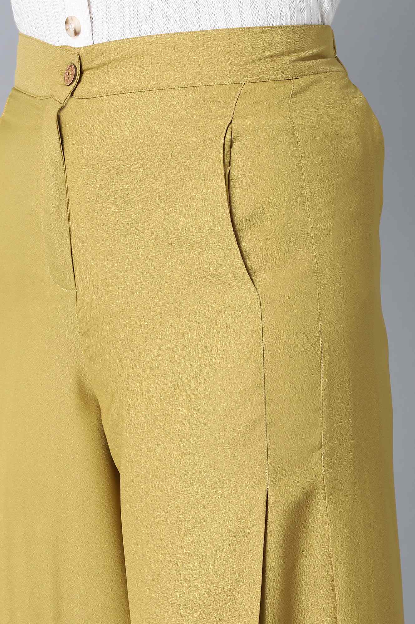 Burnished Gold Solid Flared Woven Palazzo with Front Zip