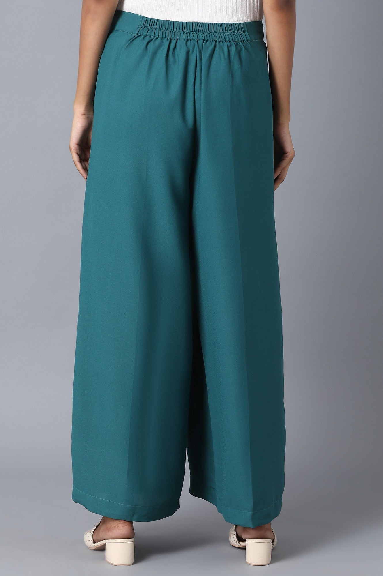 Teal Green Solid Flared Woven Palazzo with Front Zip