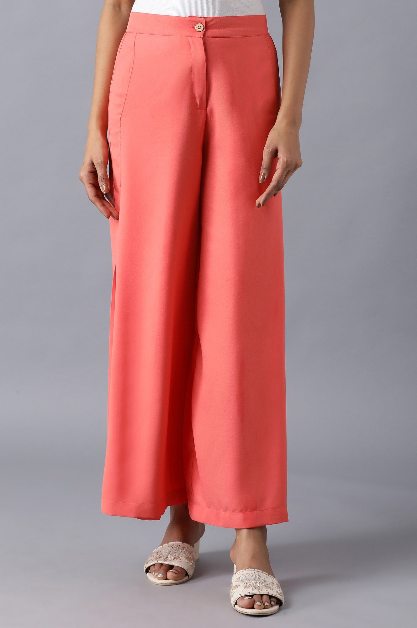 Pink Solid Flared Woven Palazzo With Side Pleats