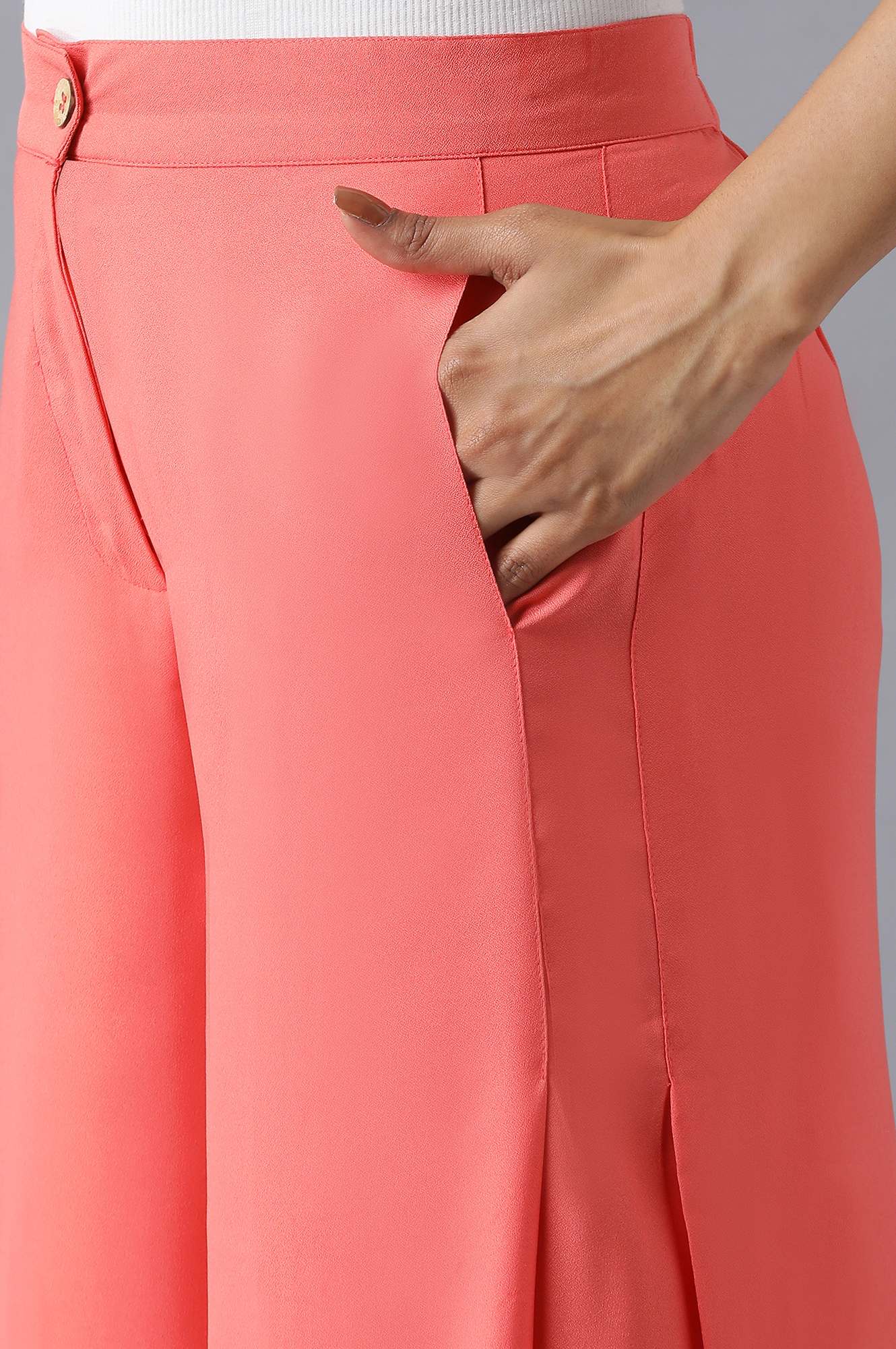 Pink Solid Flared Woven Palazzo With Side Pleats