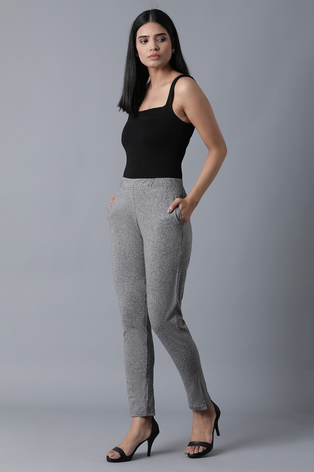 Grey Solid Straight Fit Cotton Palazzo With Elasticated Waist